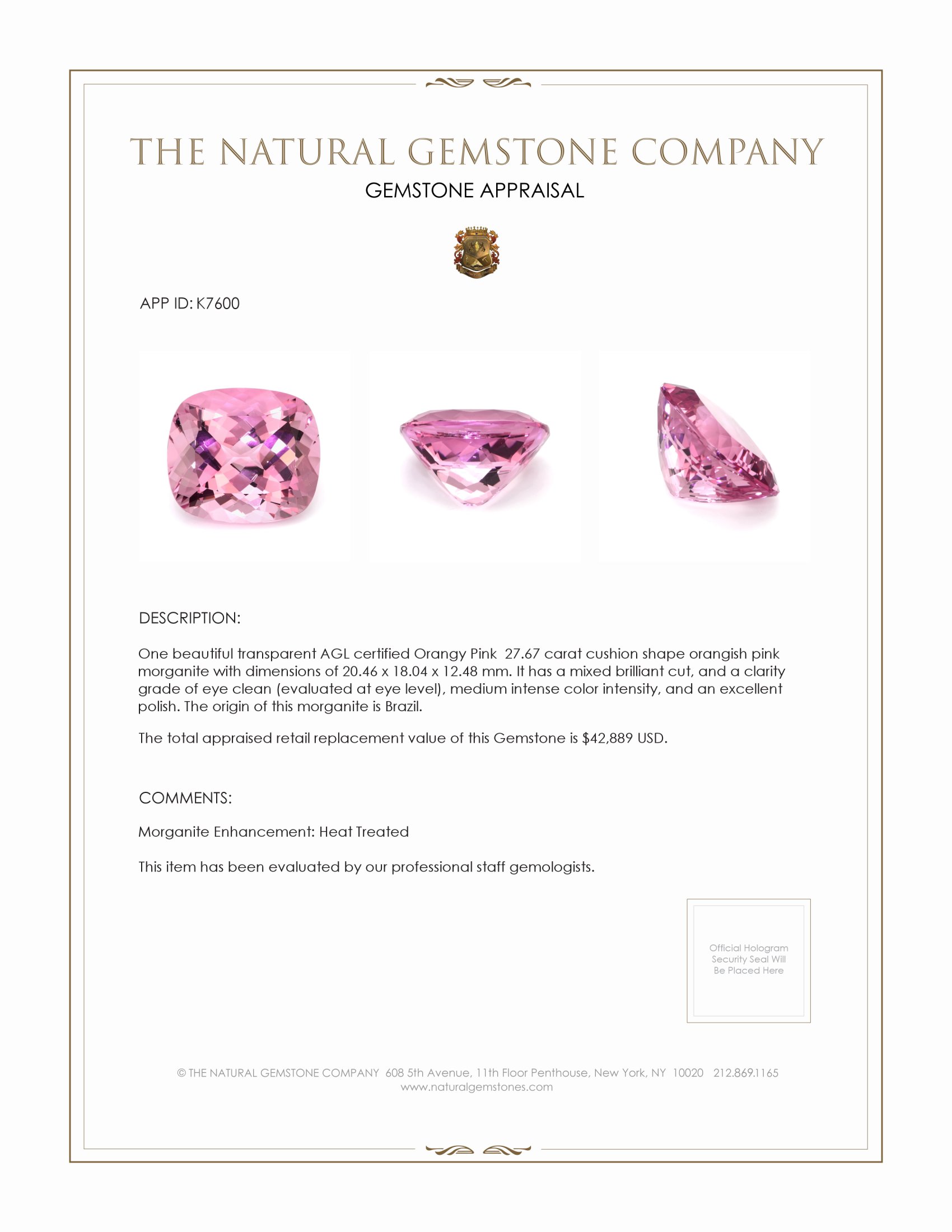 27.67 Ct. Morganite from Brazil