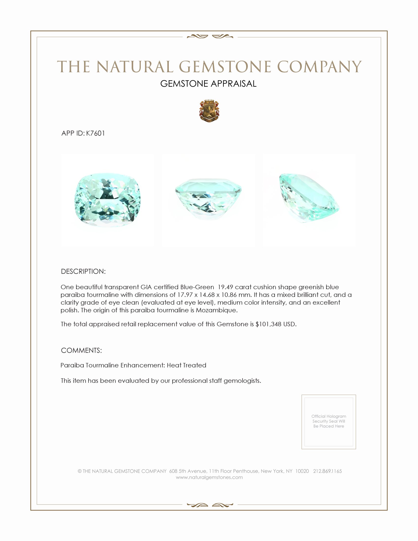 19.49 Ct. Paraiba Tourmaline from Mozambique