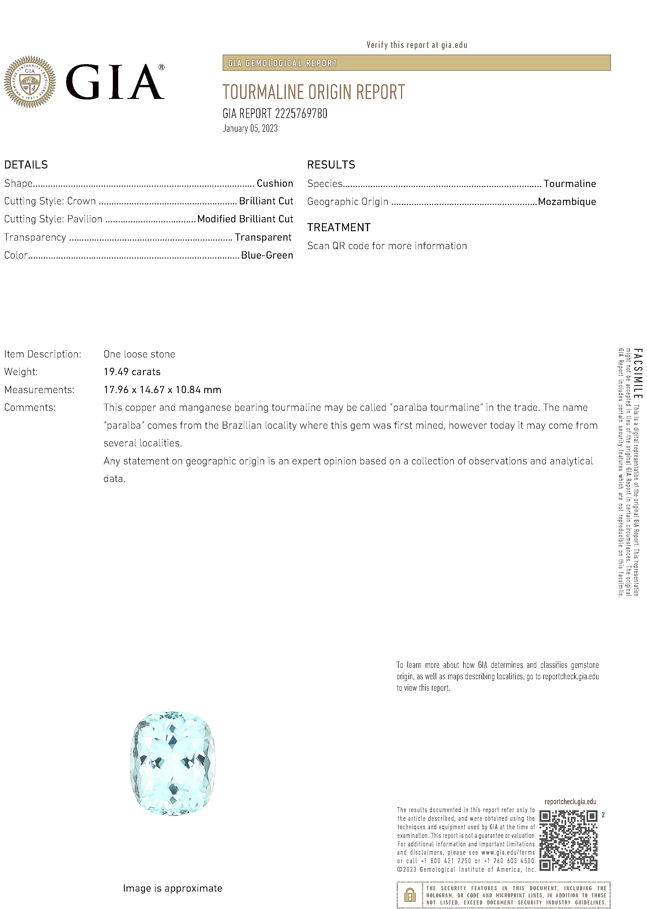 19.49 Ct. Paraiba Tourmaline from Mozambique