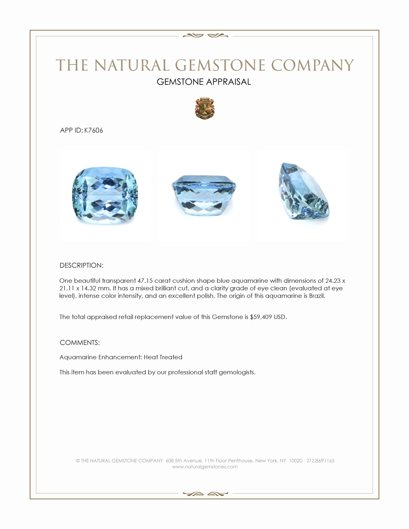 47.15 Ct. Blue Aquamarine from Brazil
