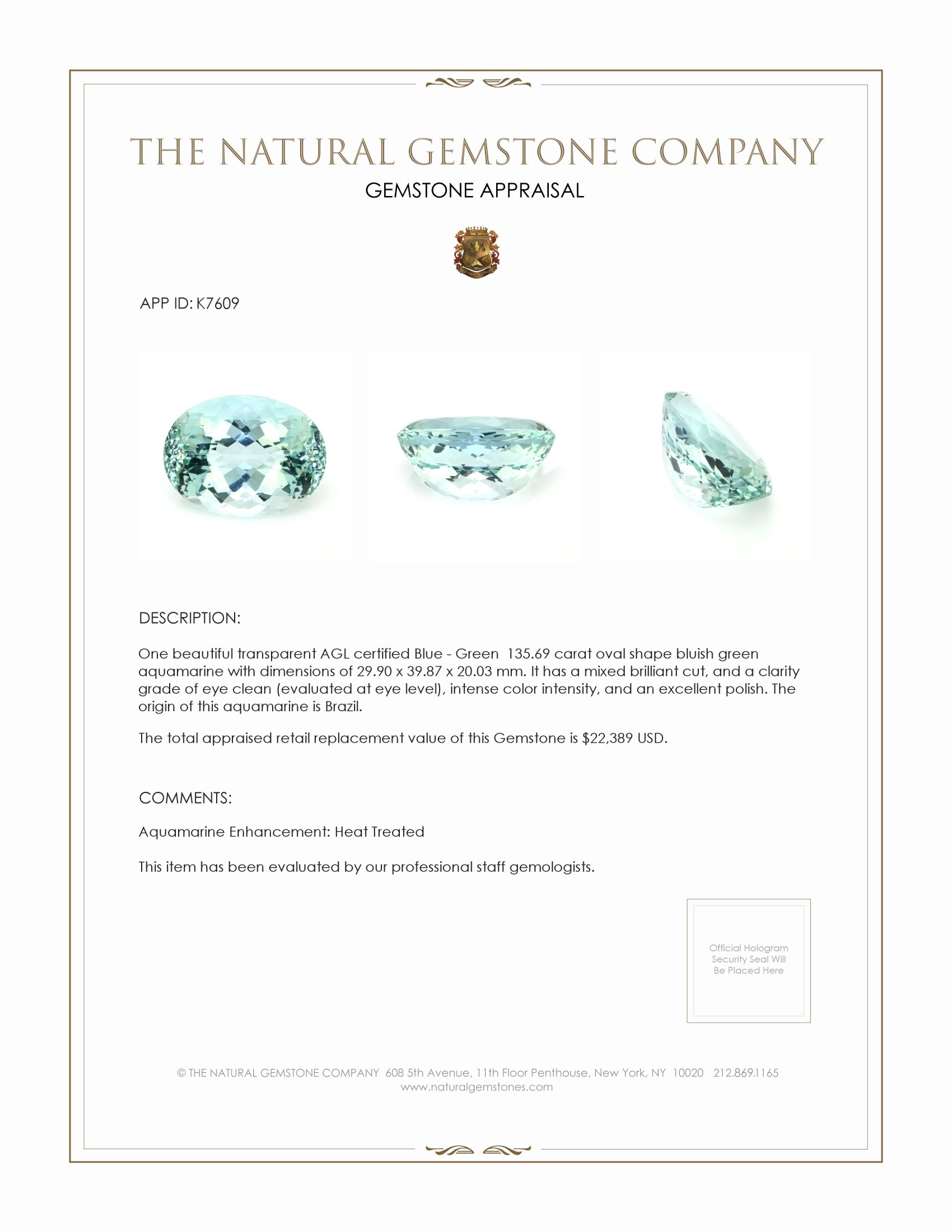 135.69 Ct. Aquamarine from Brazil