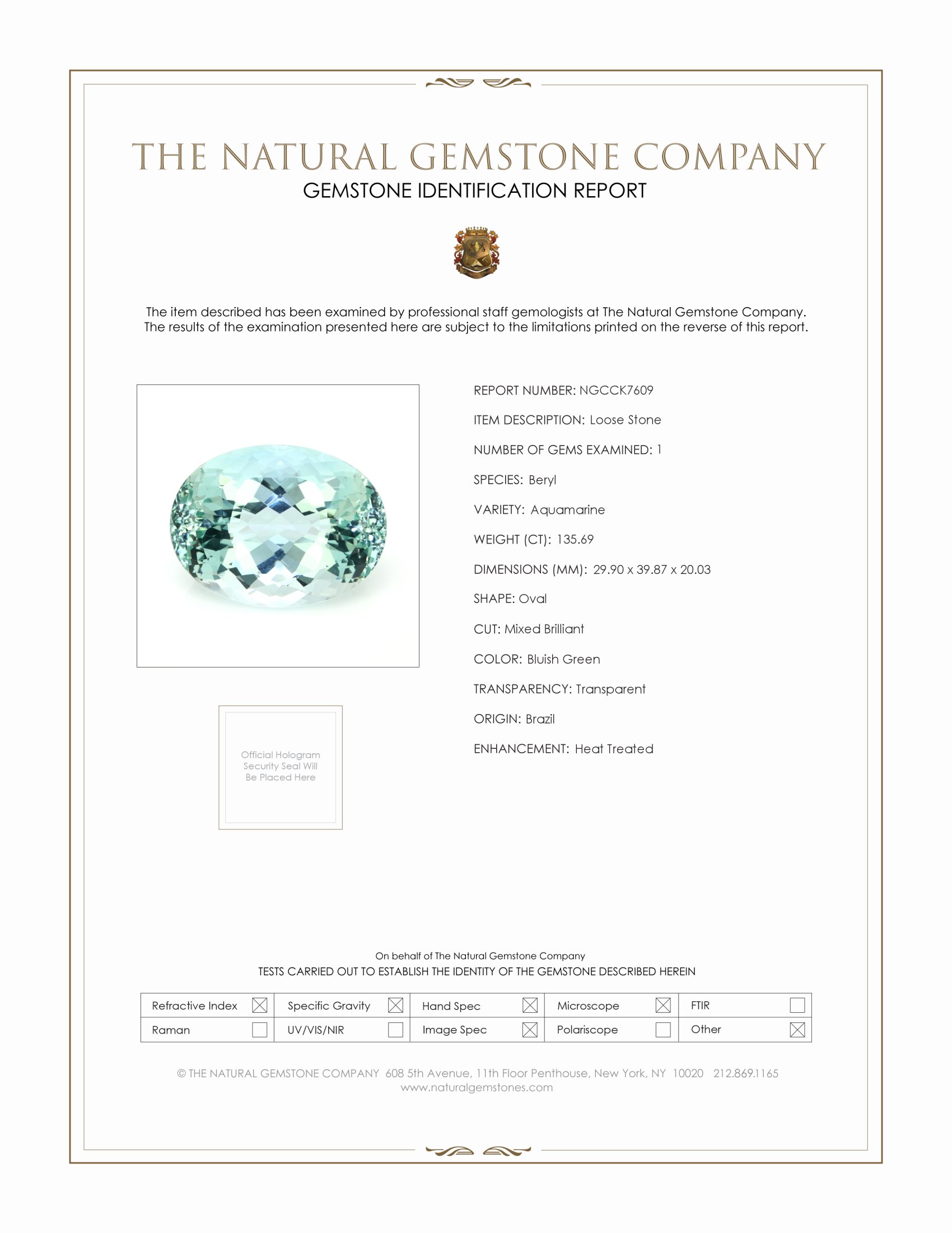 135.69 Ct. Greenish Blue Aquamarine from Brazil