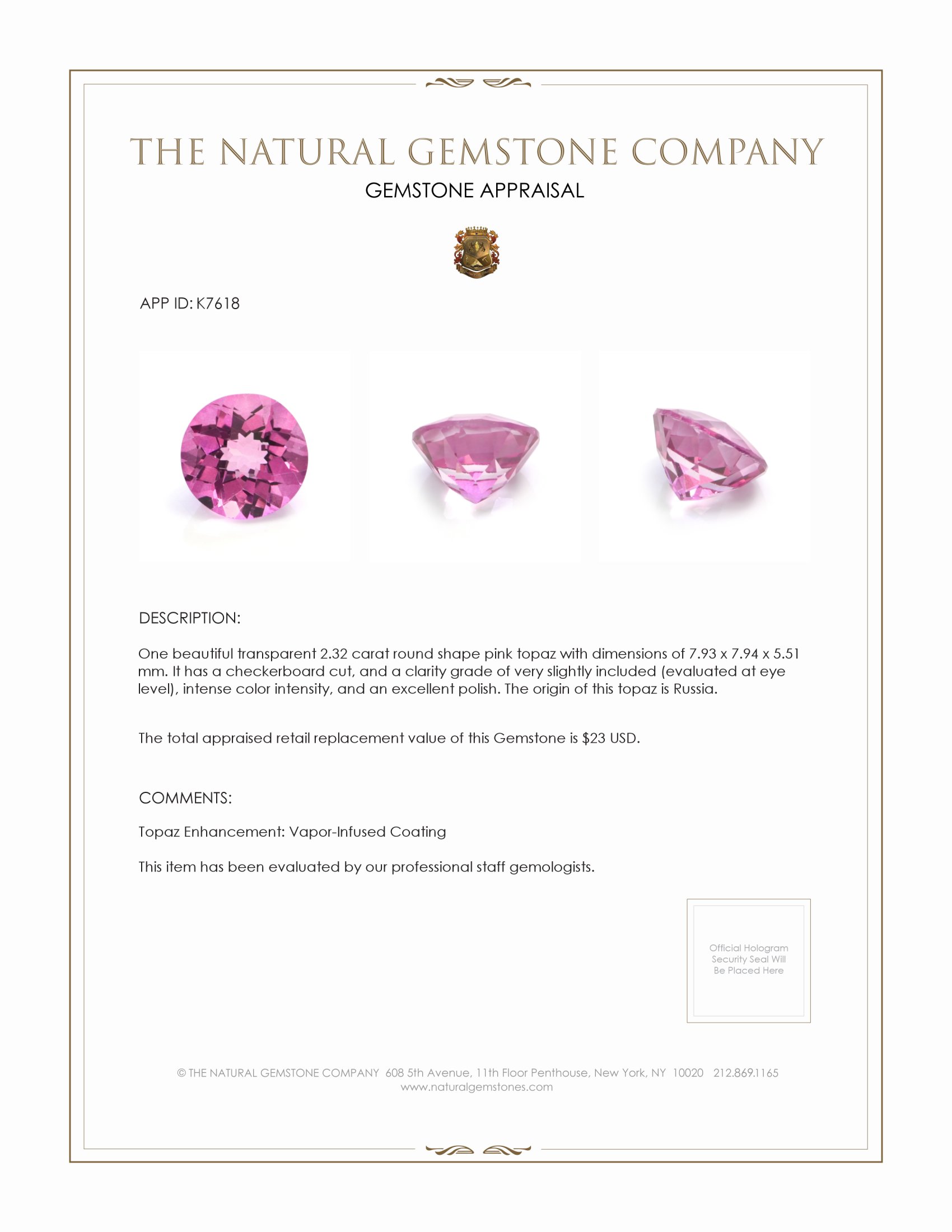 2.32 Ct. Pink Topaz from Russia