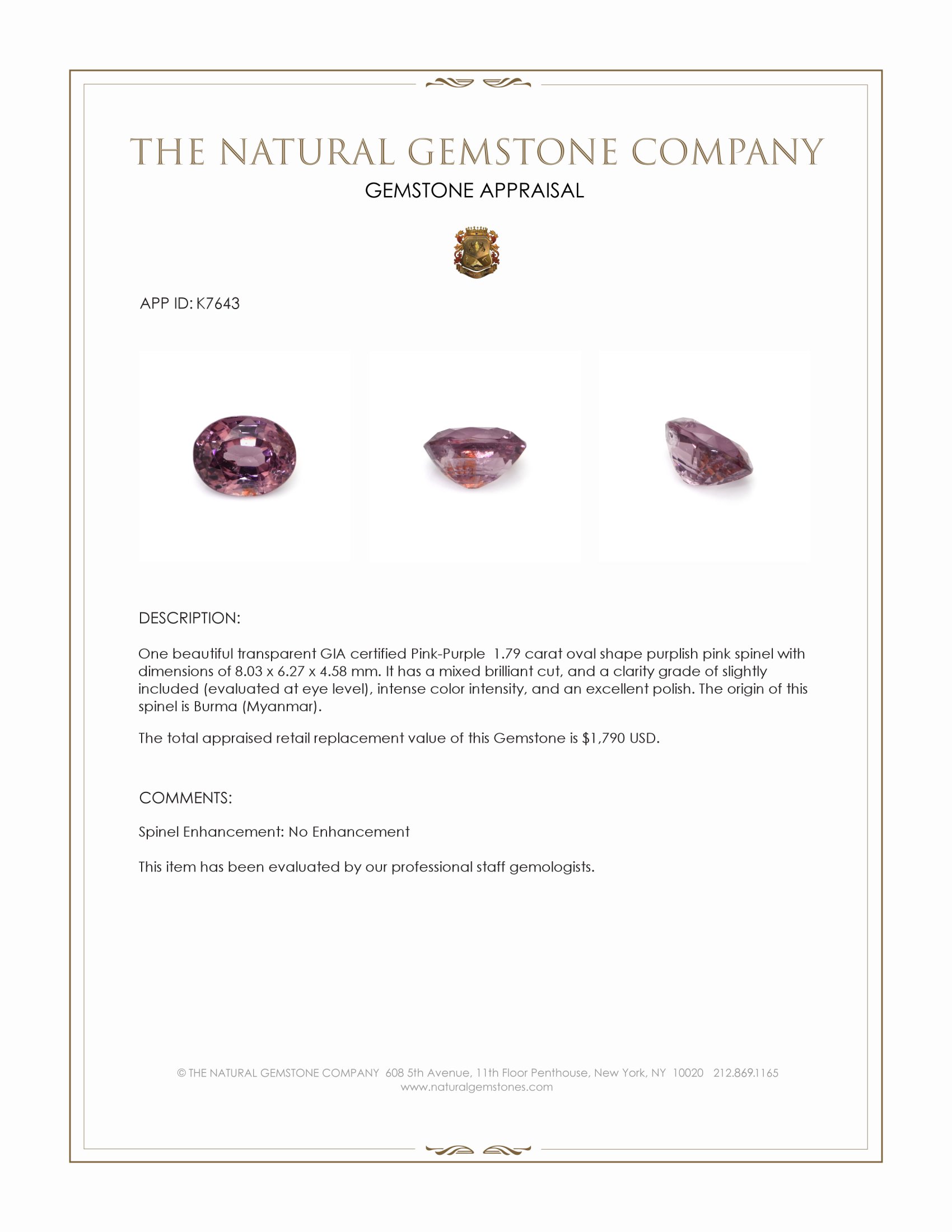 1.79 Ct. Purplish Pink Spinel from Burma (Myanmar)