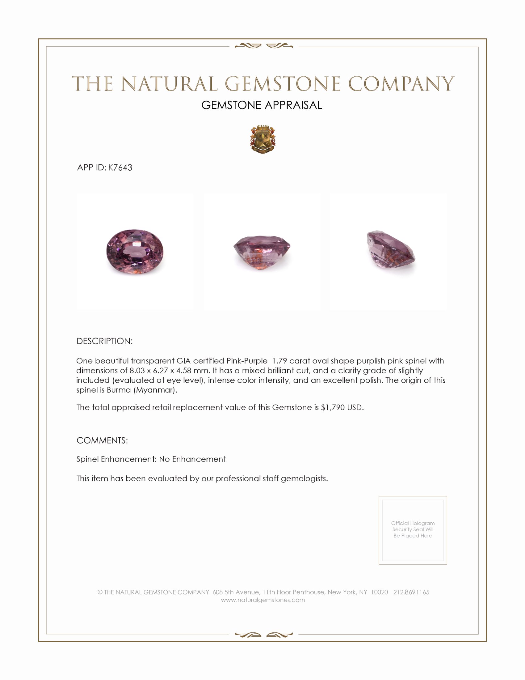 1.79 Ct. Spinel from Burma (Myanmar)
