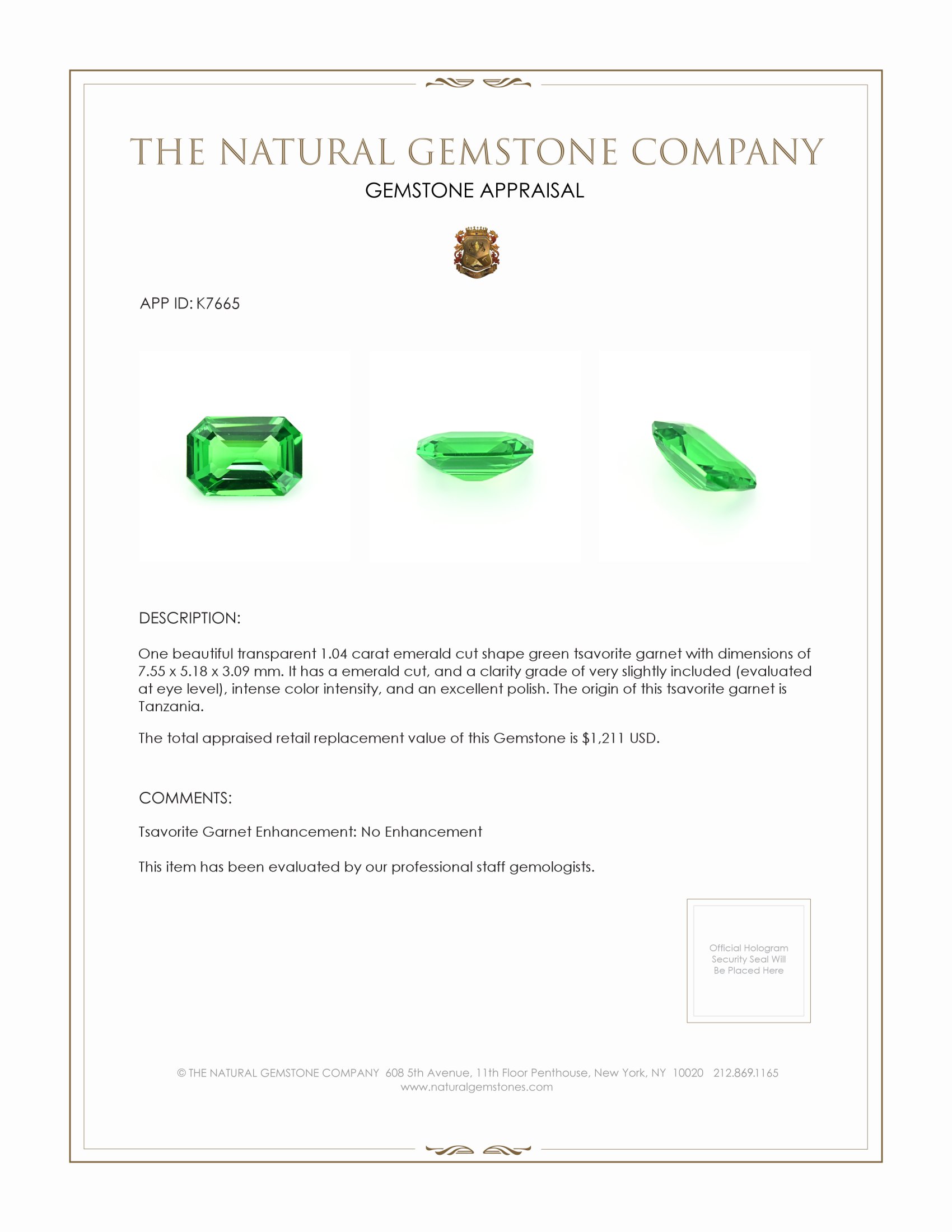 1.04 Ct. Tsavorite Garnet from Tanzania