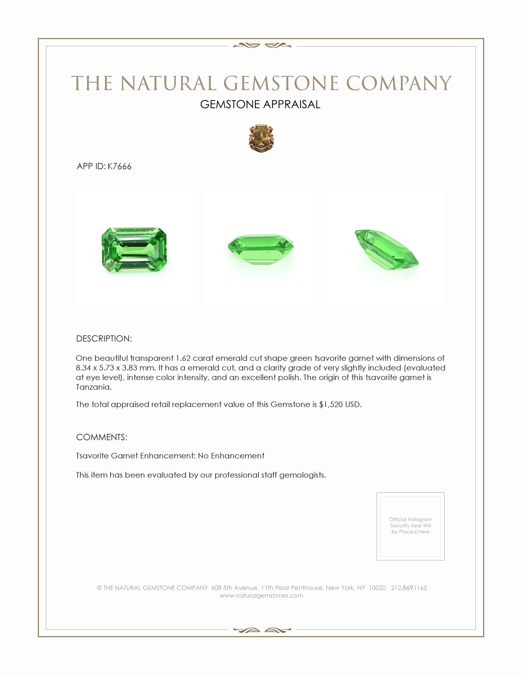 1.62 Ct. Tsavorite Garnet from Tanzania