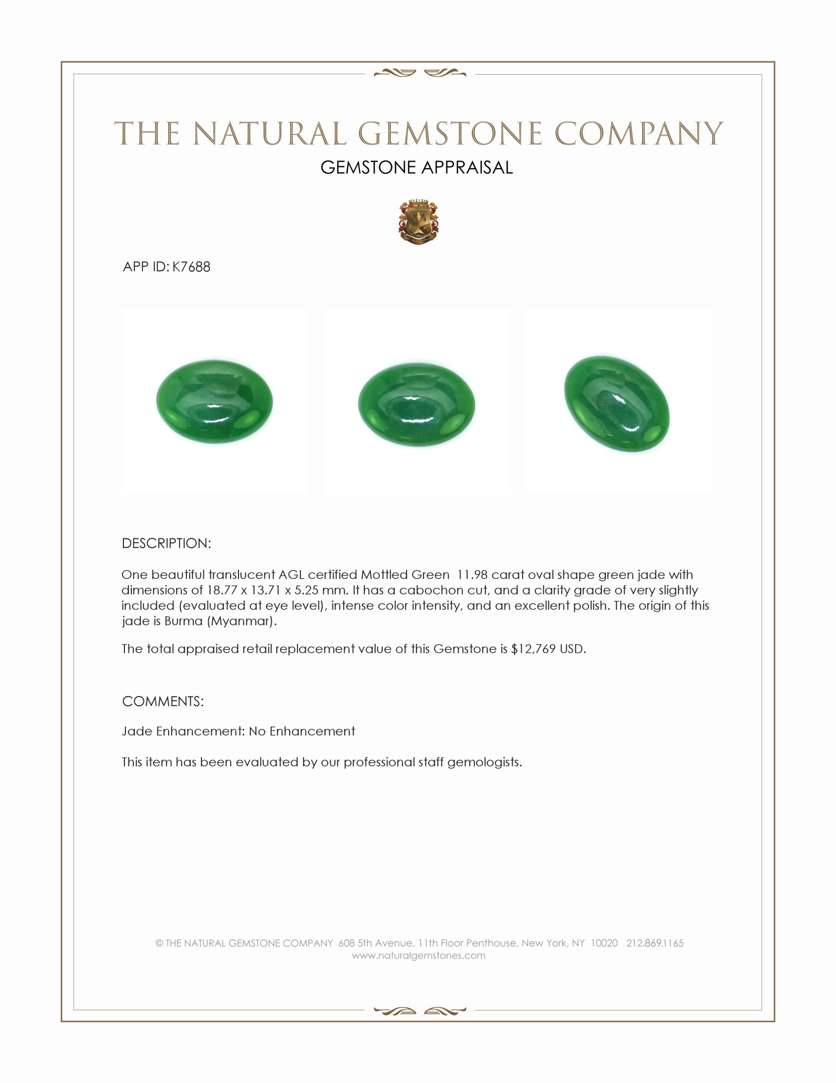 11.98 Ct. Green Cabochon Jade from Burma (Myanmar)