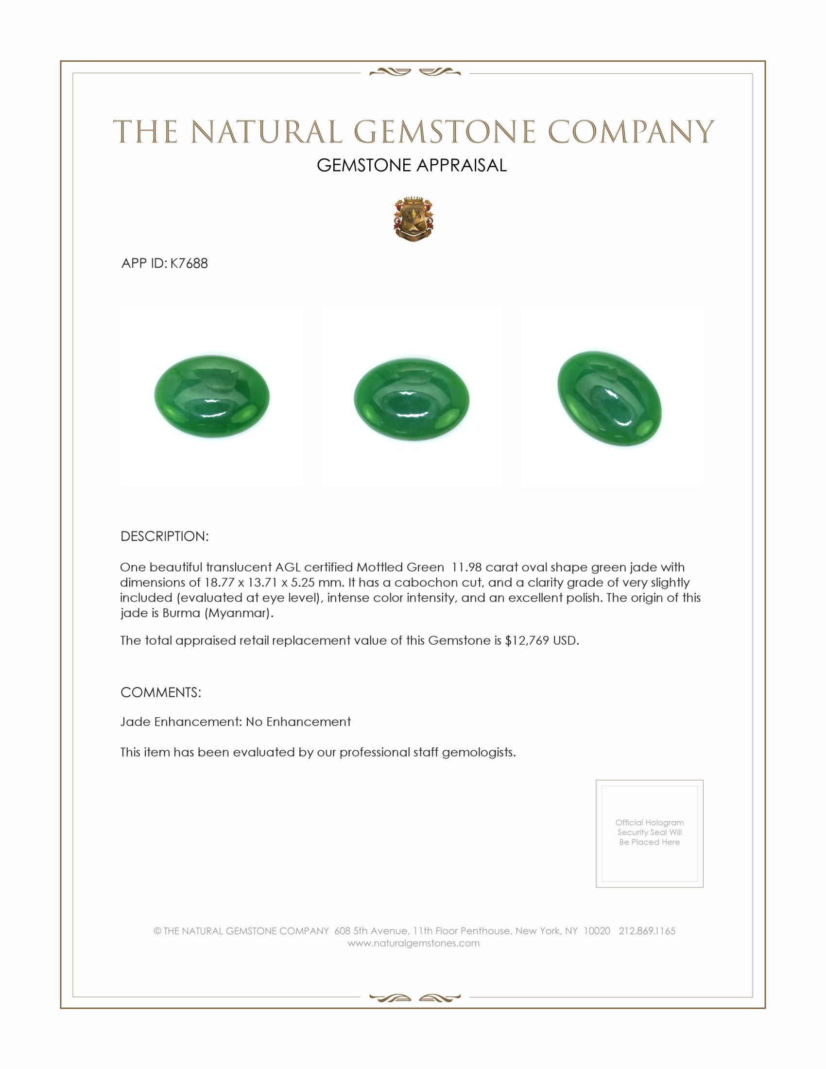 11.98 Ct. Cabochon Jade from Burma (Myanmar)