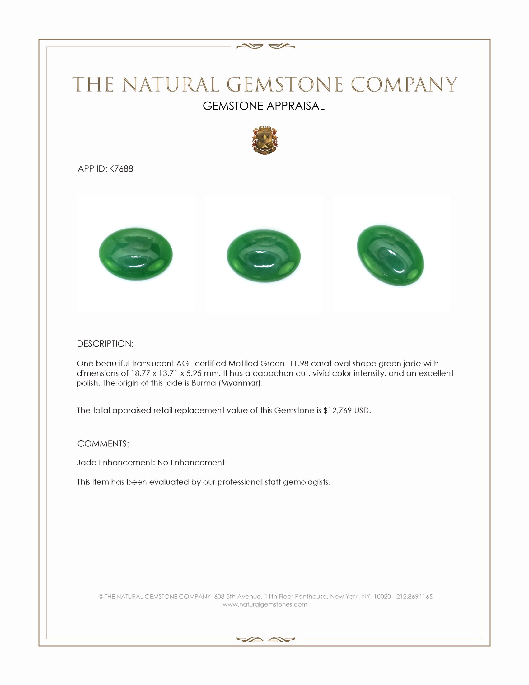 11.98 Ct. Green Cabochon Jade from Burma (Myanmar)