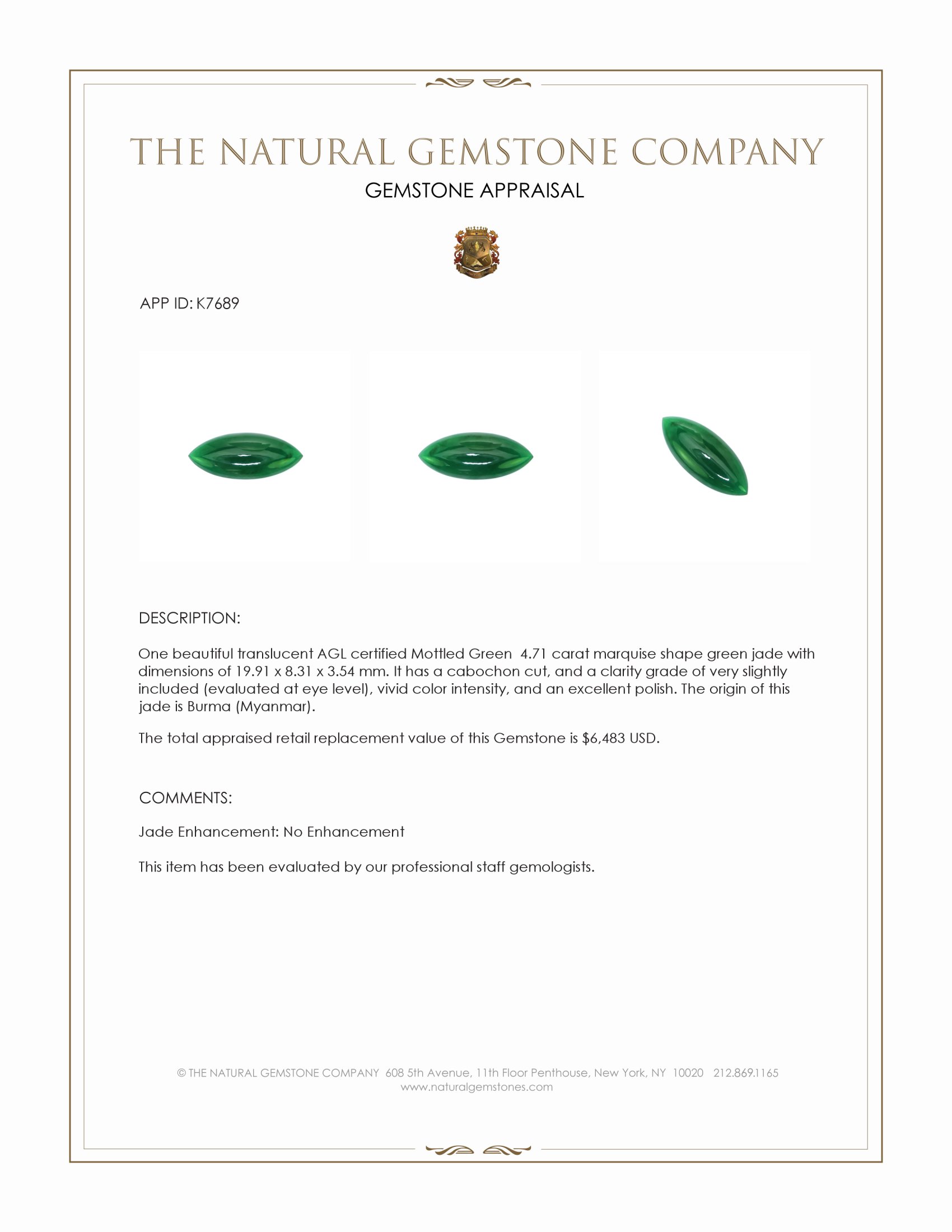 4.71 Ct. Green Cabochon Jade from Burma (Myanmar)