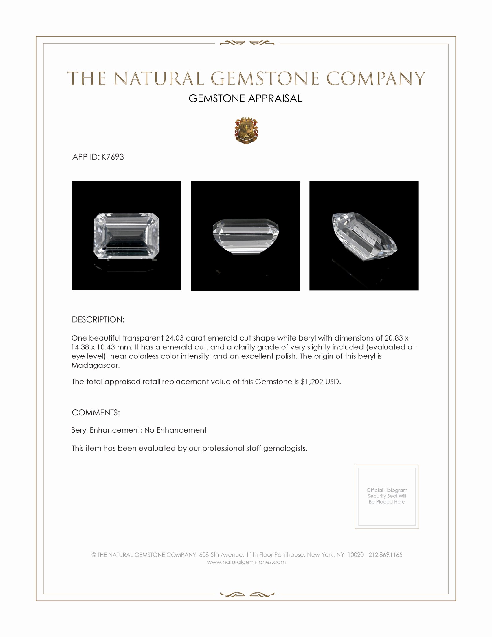 24.03 Ct. White Beryl from Madagascar