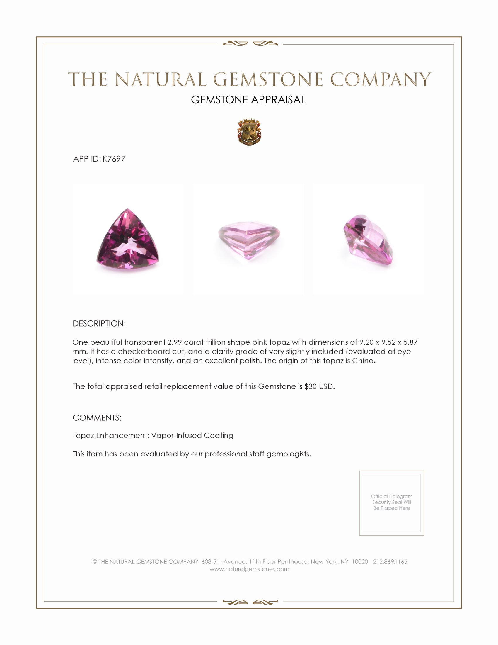 2.99 Ct. Pink Topaz from China