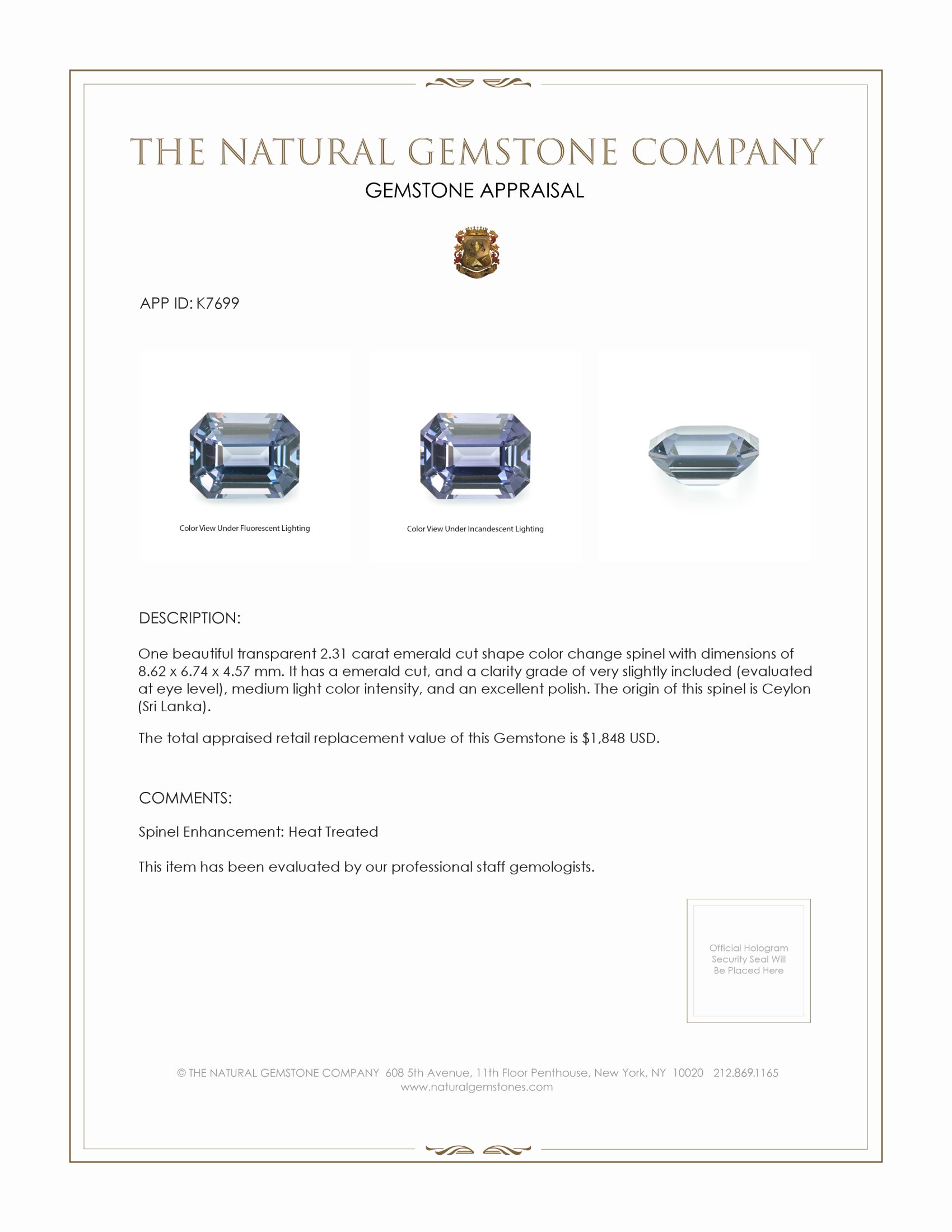 2.31 Ct. Spinel from Ceylon (Sri Lanka)