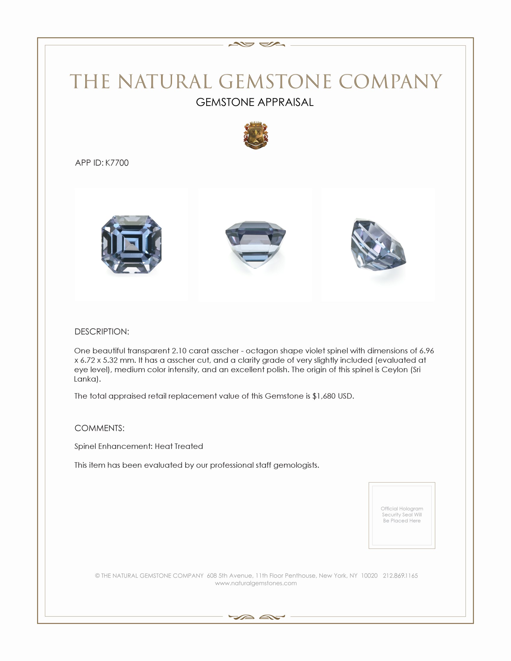 2.10 Ct. Greyish Blue Spinel from Ceylon (Sri Lanka)