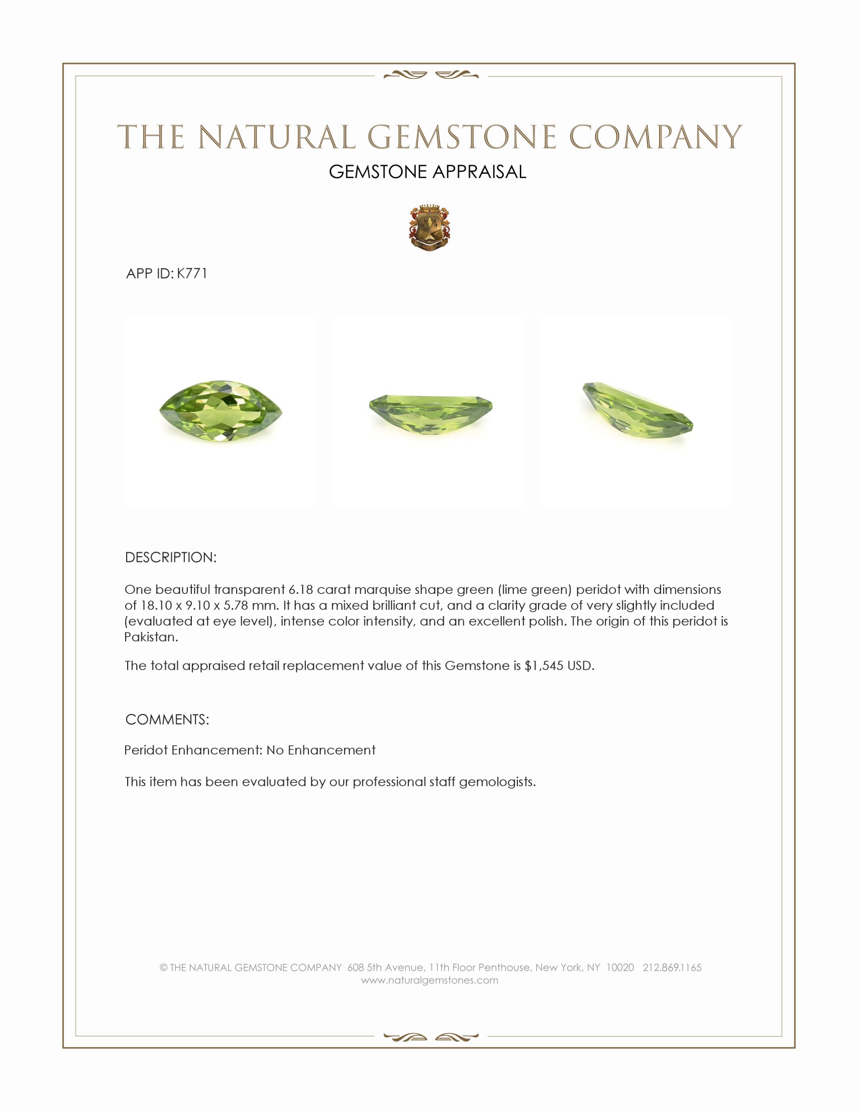 6.18 Ct. Green (Lime Green) Peridot from Pakistan