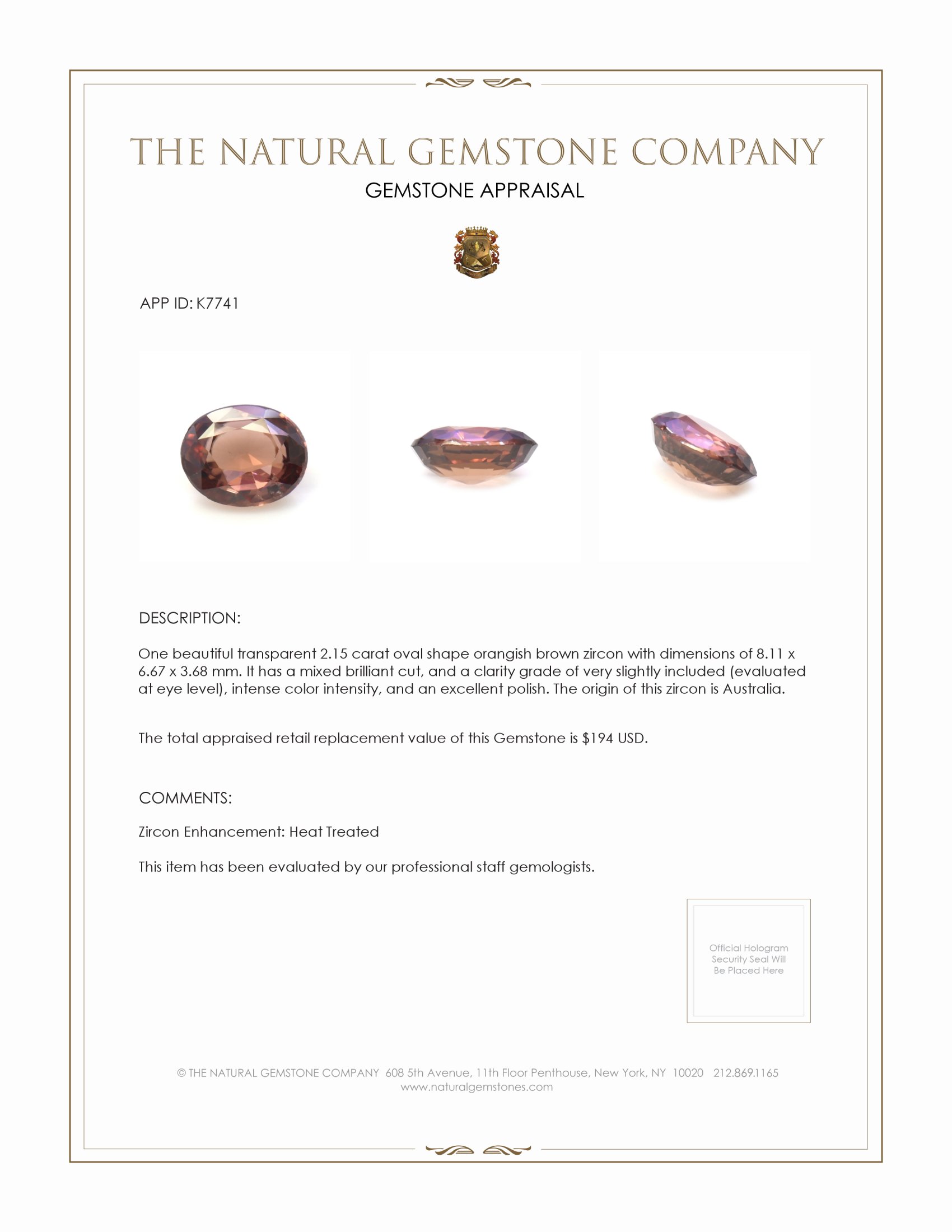 2.15 Ct. Zircon from Australia