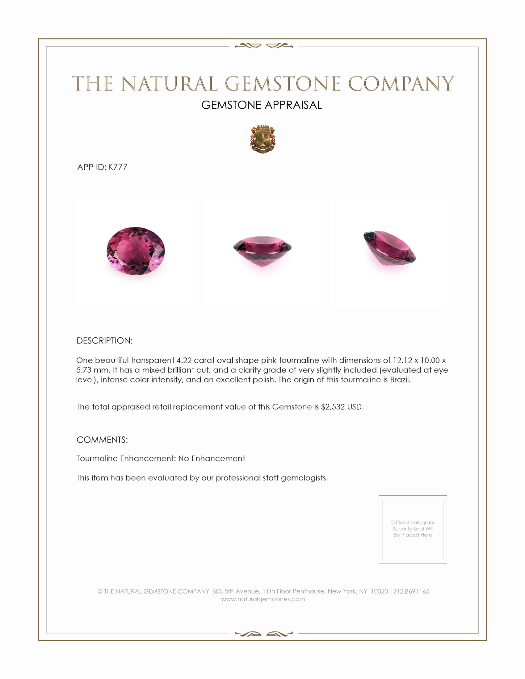 4.22 Ct. Tourmaline from Brazil