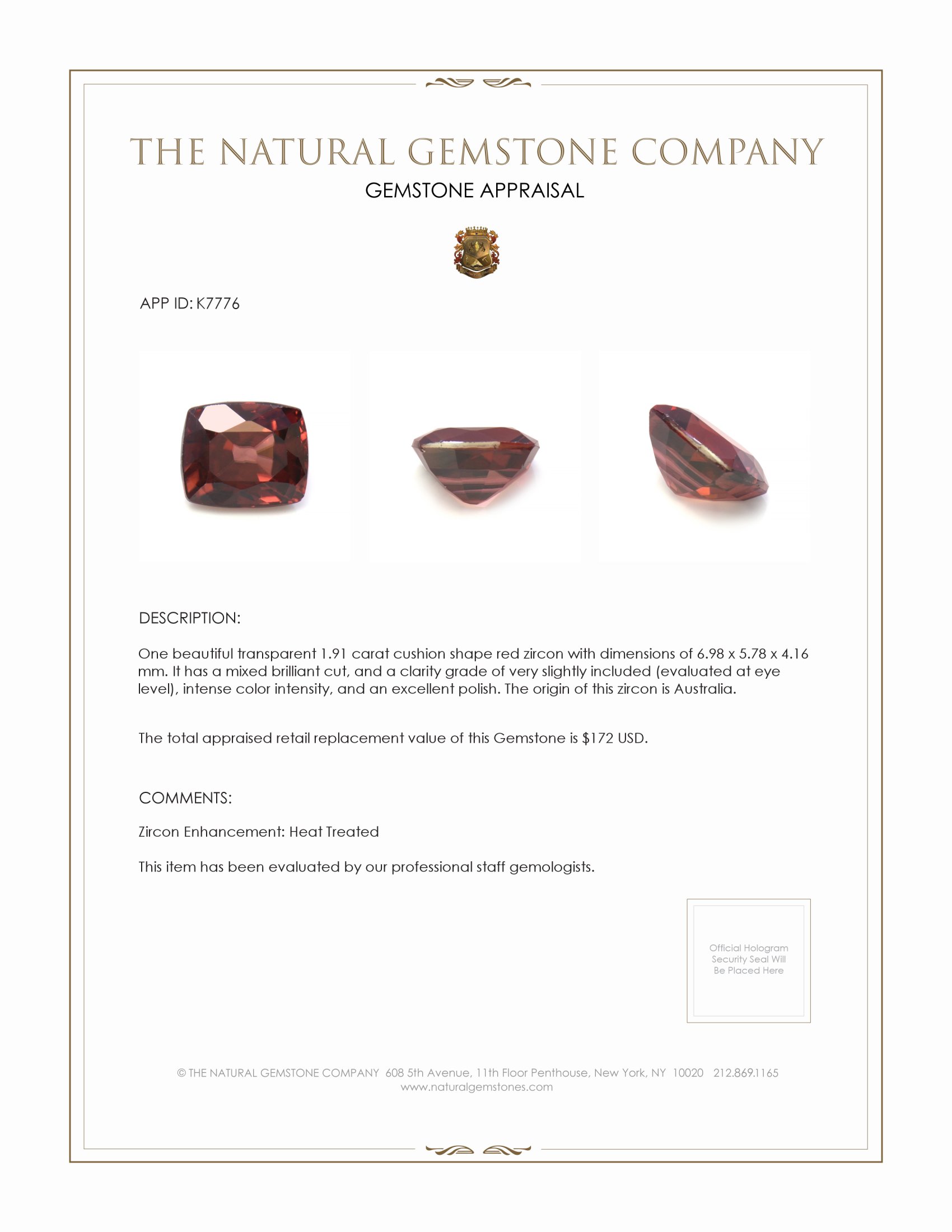 1.91 Ct. Red Zircon from Australia