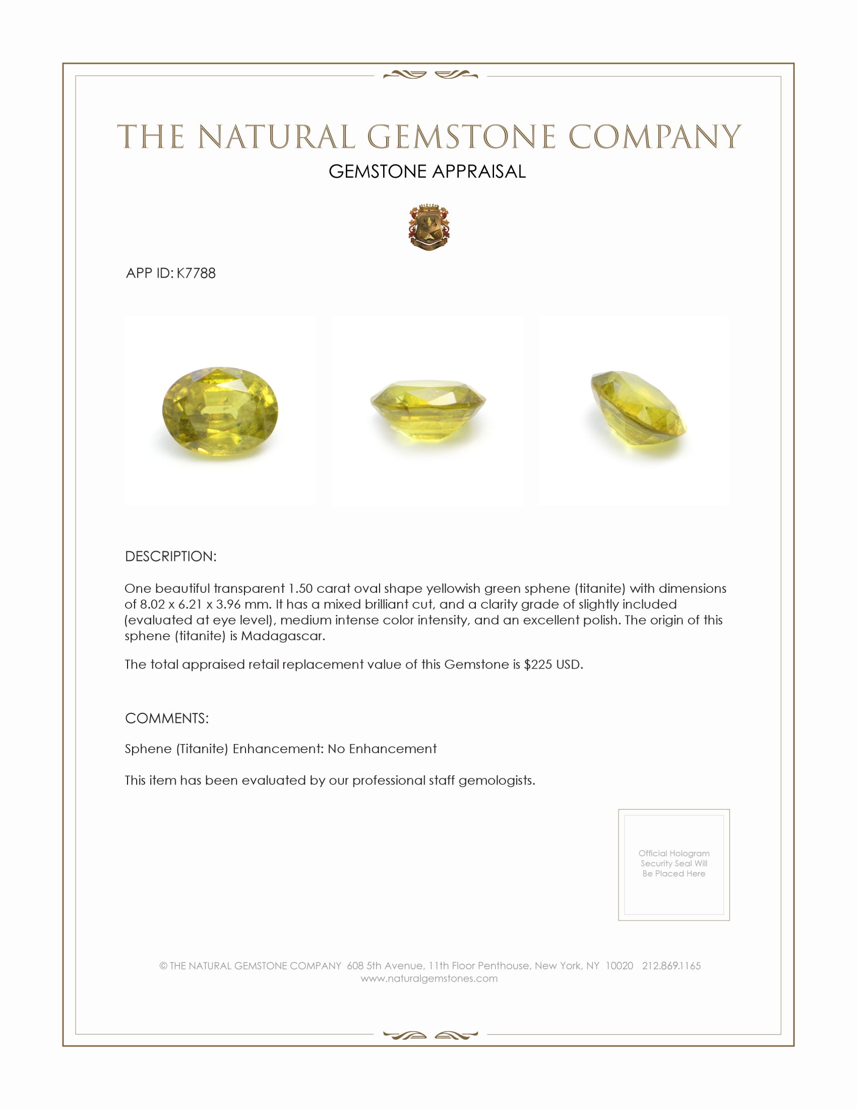 1.50 Ct. Sphene (Titanite) from Madagascar