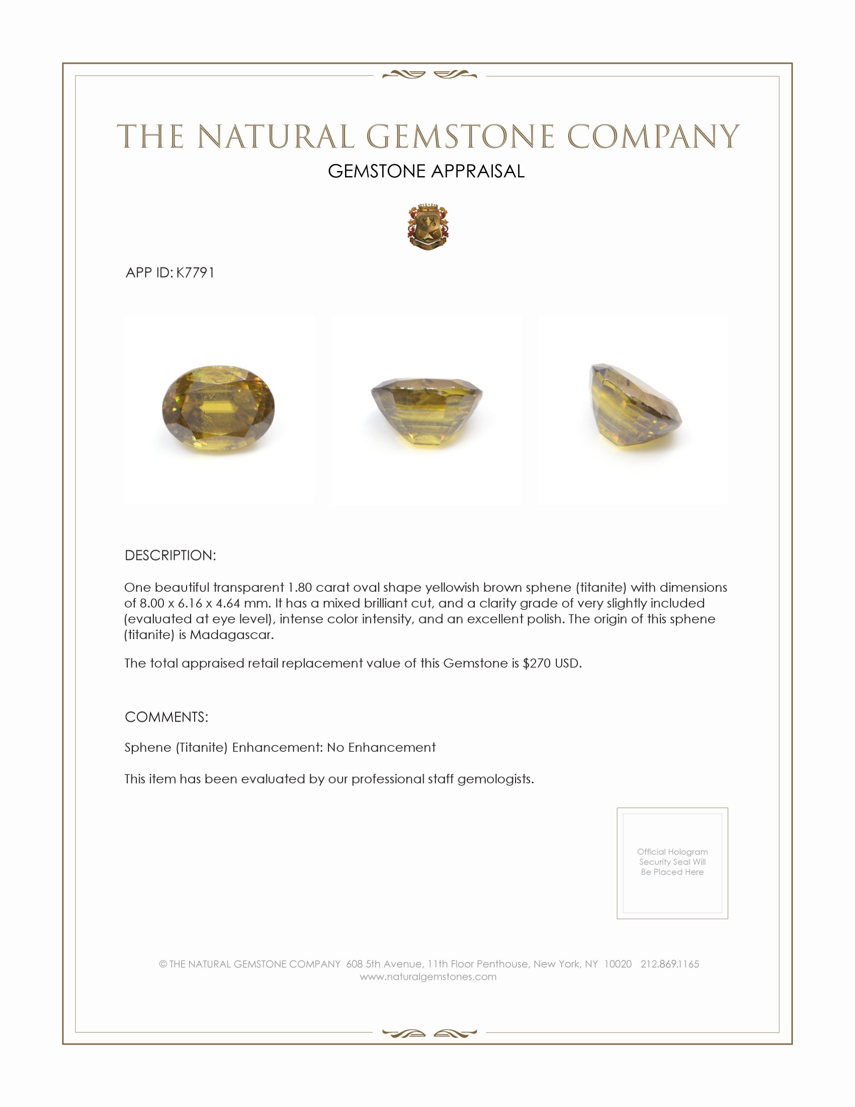 1.80 Ct. Sphene (Titanite) from Madagascar