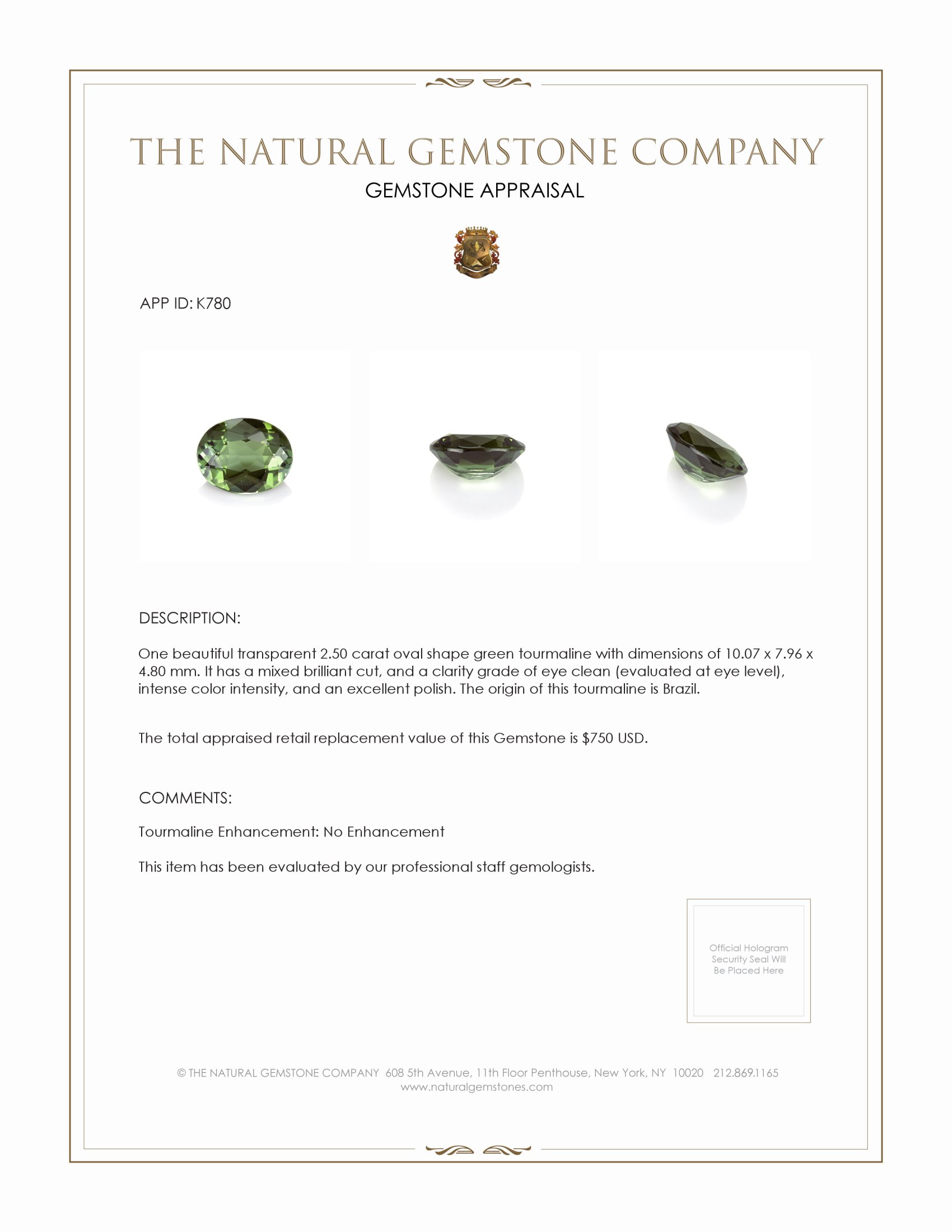 2.50 Ct. Green Tourmaline from Brazil