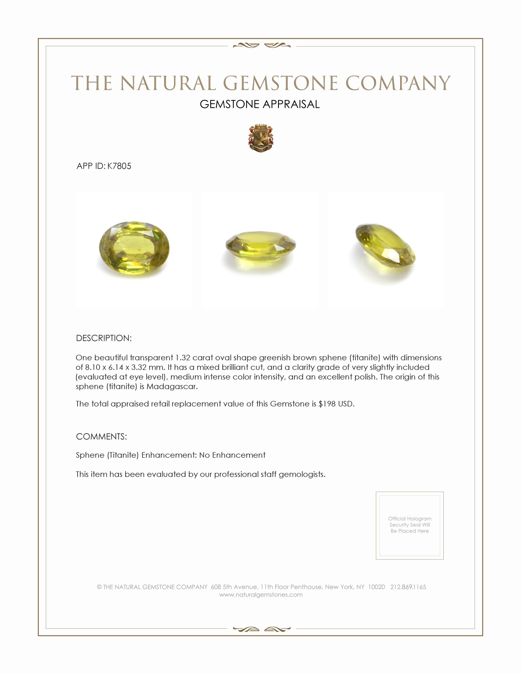 1.32 Ct. Sphene (Titanite) from Madagascar