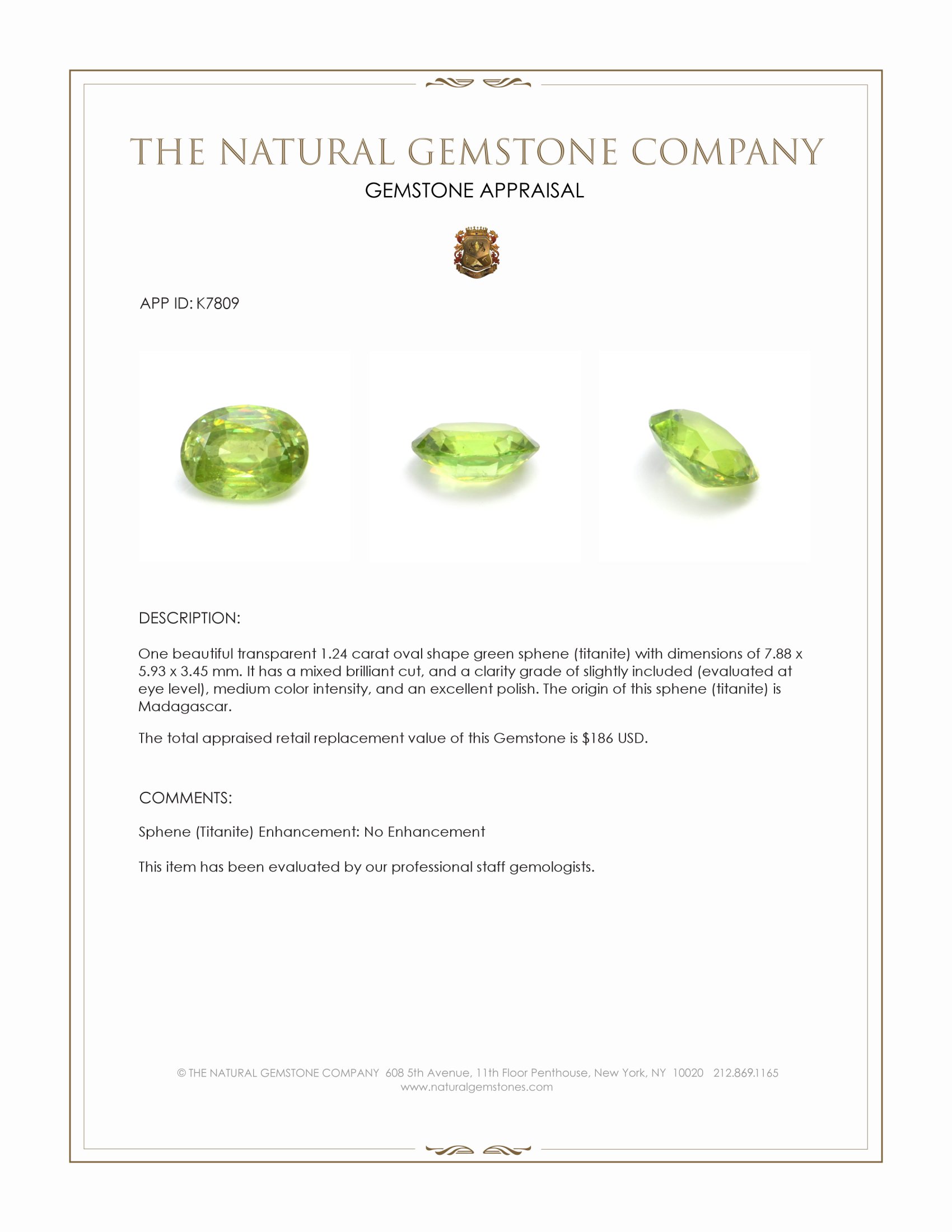 1.24 Ct. Green Sphene (Titanite) from Madagascar