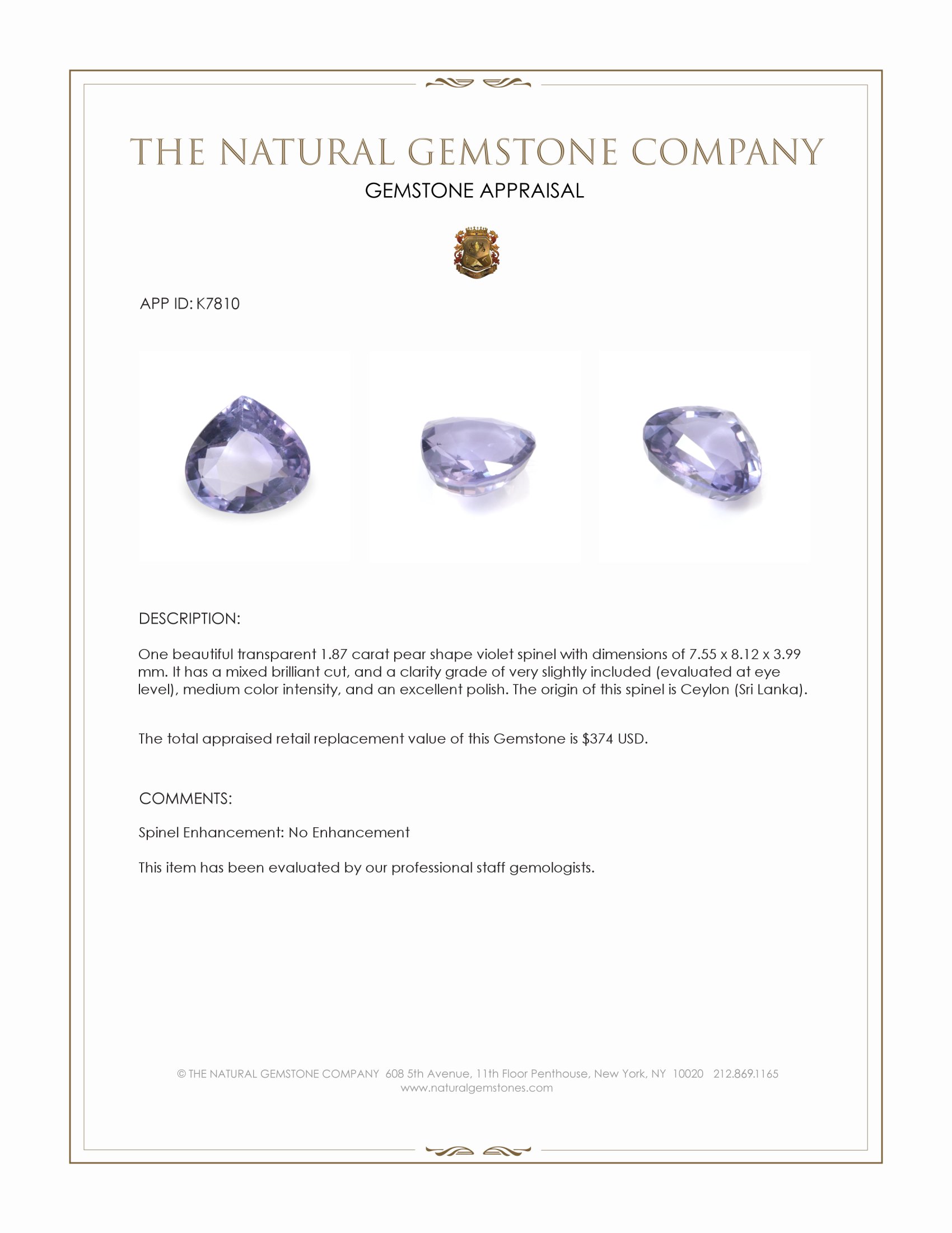 1.87 Ct. Spinel from Ceylon (Sri Lanka)