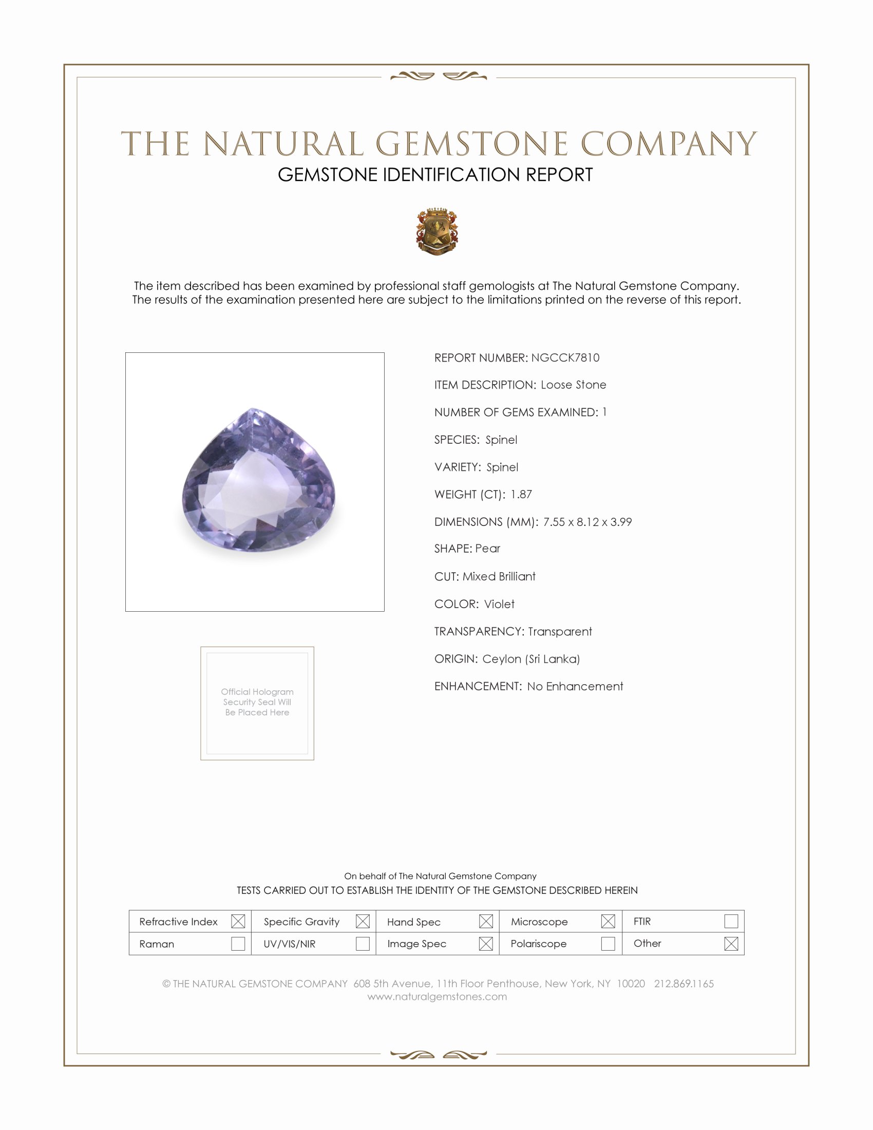 1.87 Ct. Violet Spinel from Ceylon (Sri Lanka)