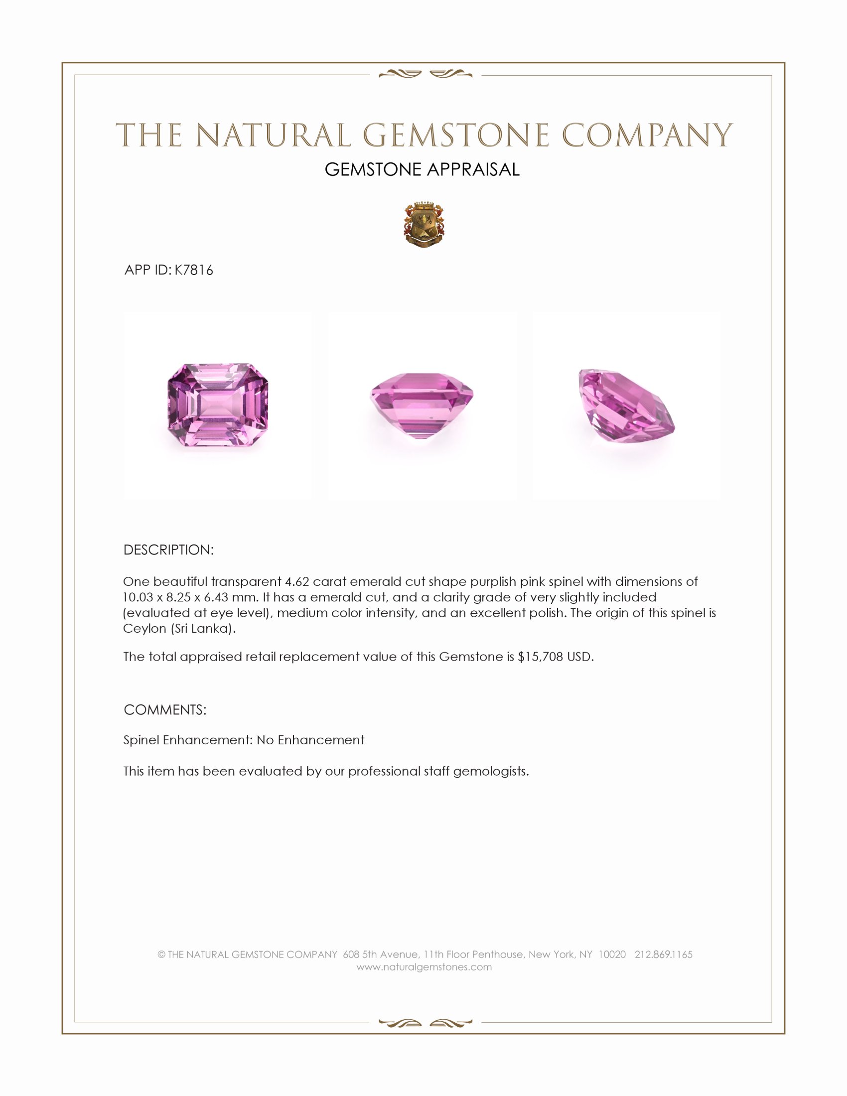 4.62 Ct. Purplish Pink Spinel from Ceylon (Sri Lanka)