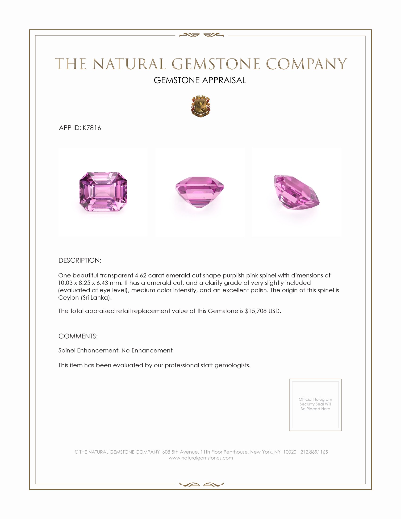 4.62 Ct. Spinel from Ceylon (Sri Lanka)