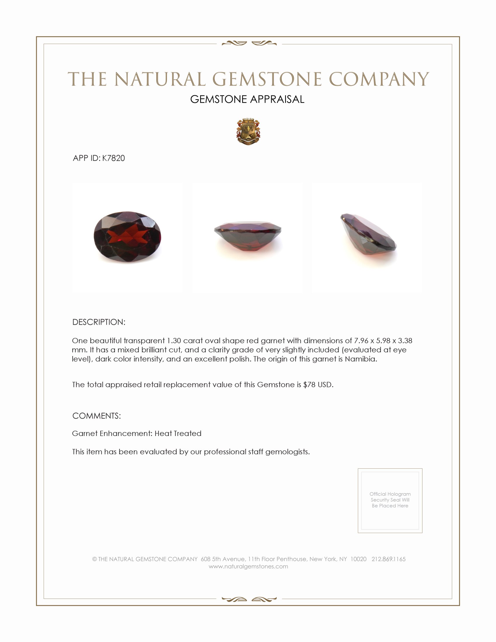 1.30 Ct. Garnet from Namibia