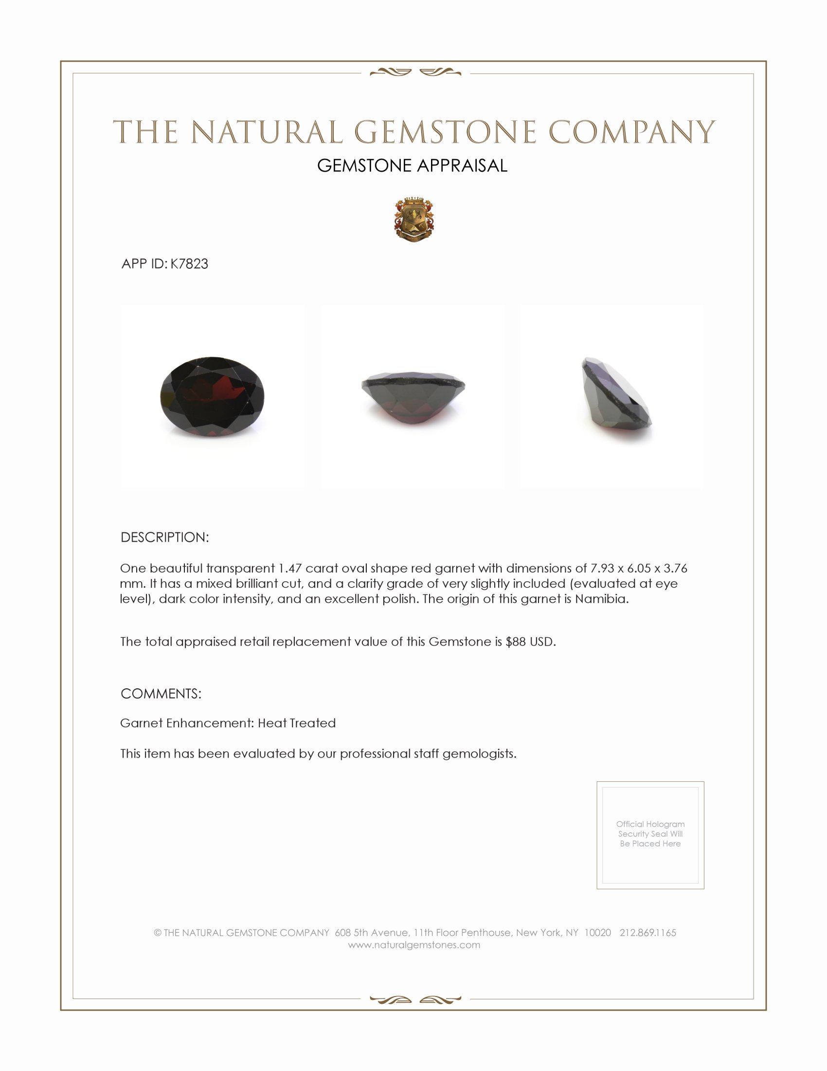 1.47 Ct. Garnet from Namibia