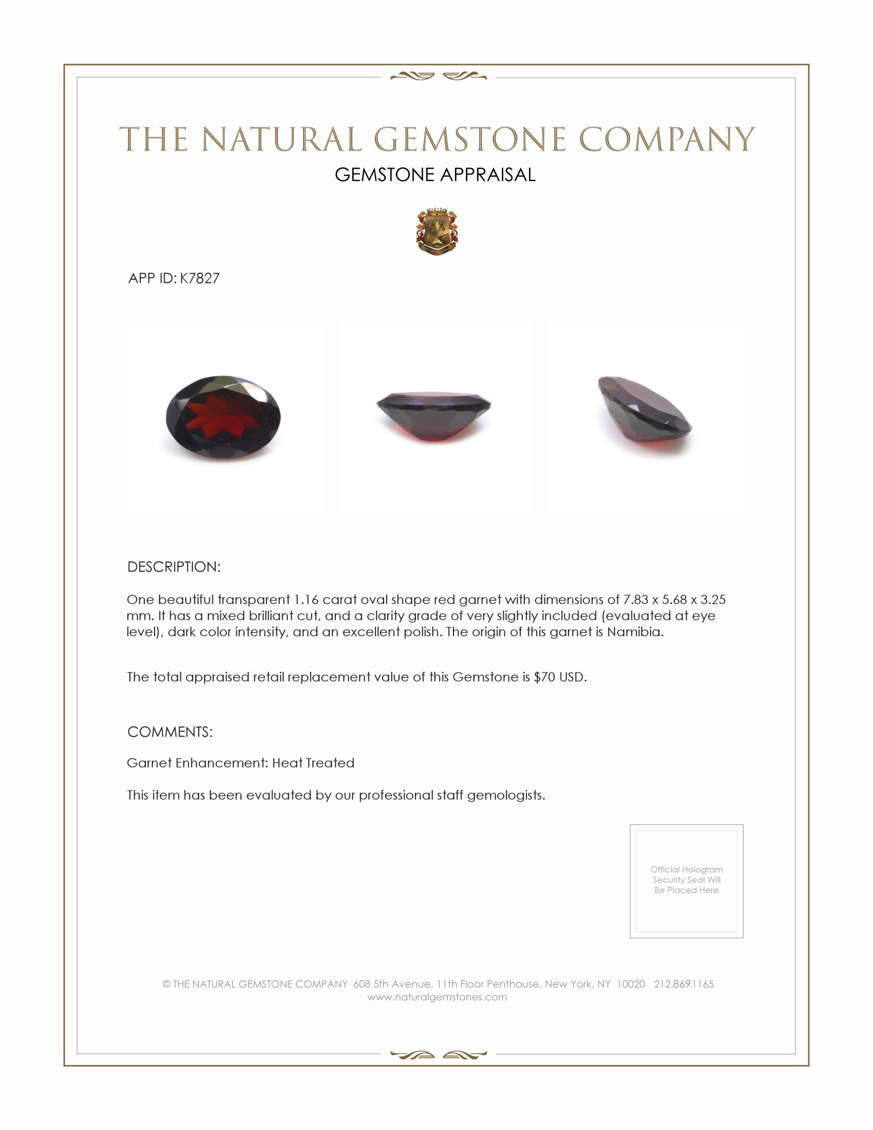 1.16 Ct. Garnet from Namibia