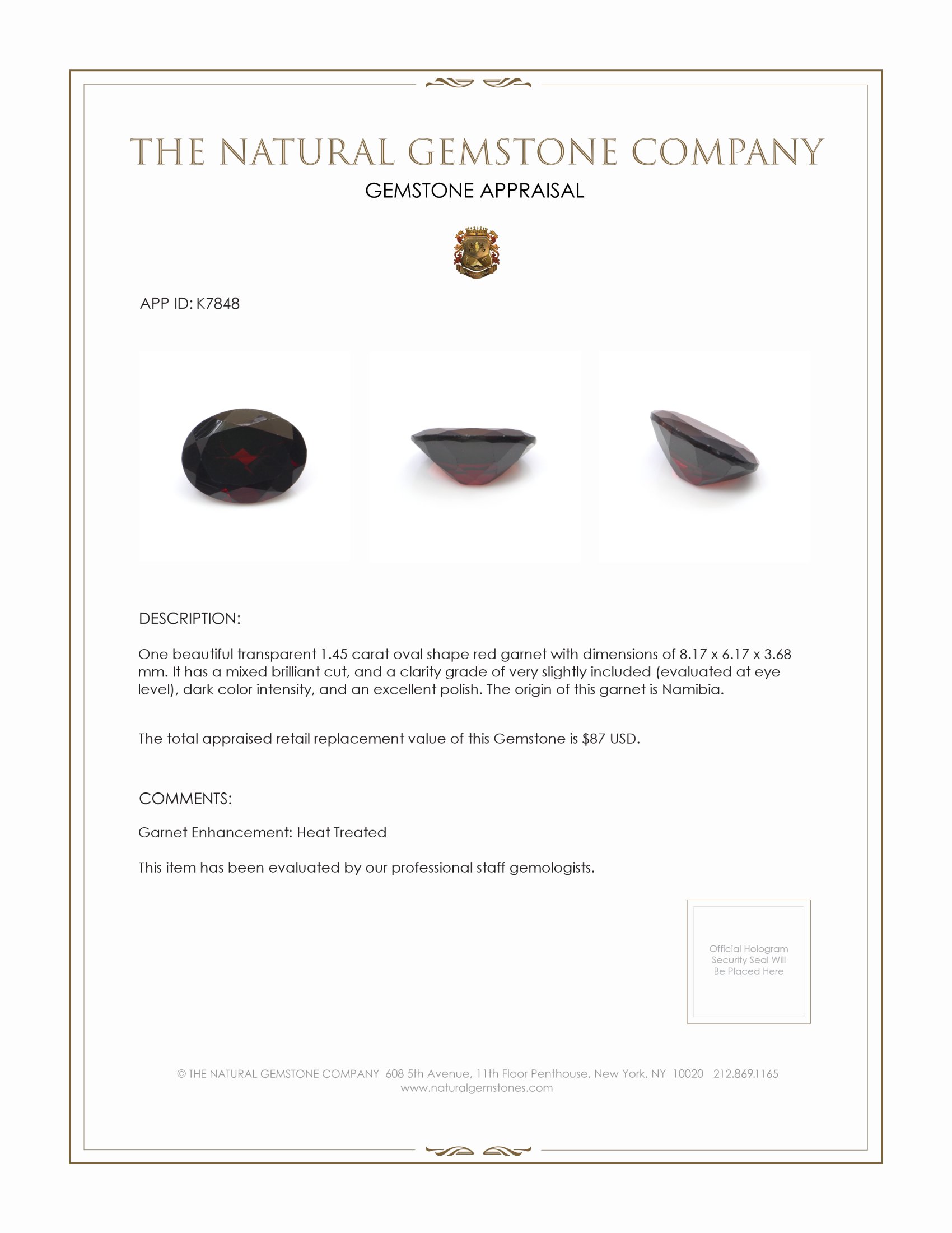 1.45 Ct. Garnet from Namibia