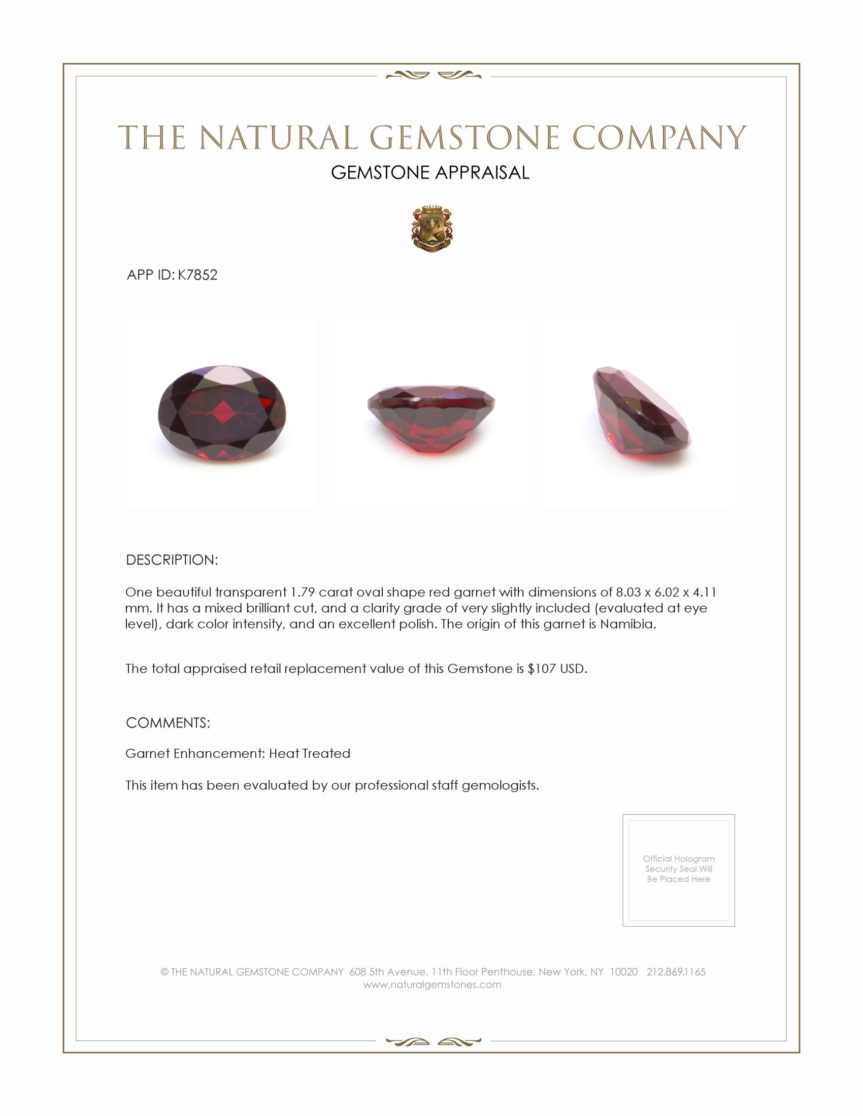 1.79 Ct. Garnet from Namibia