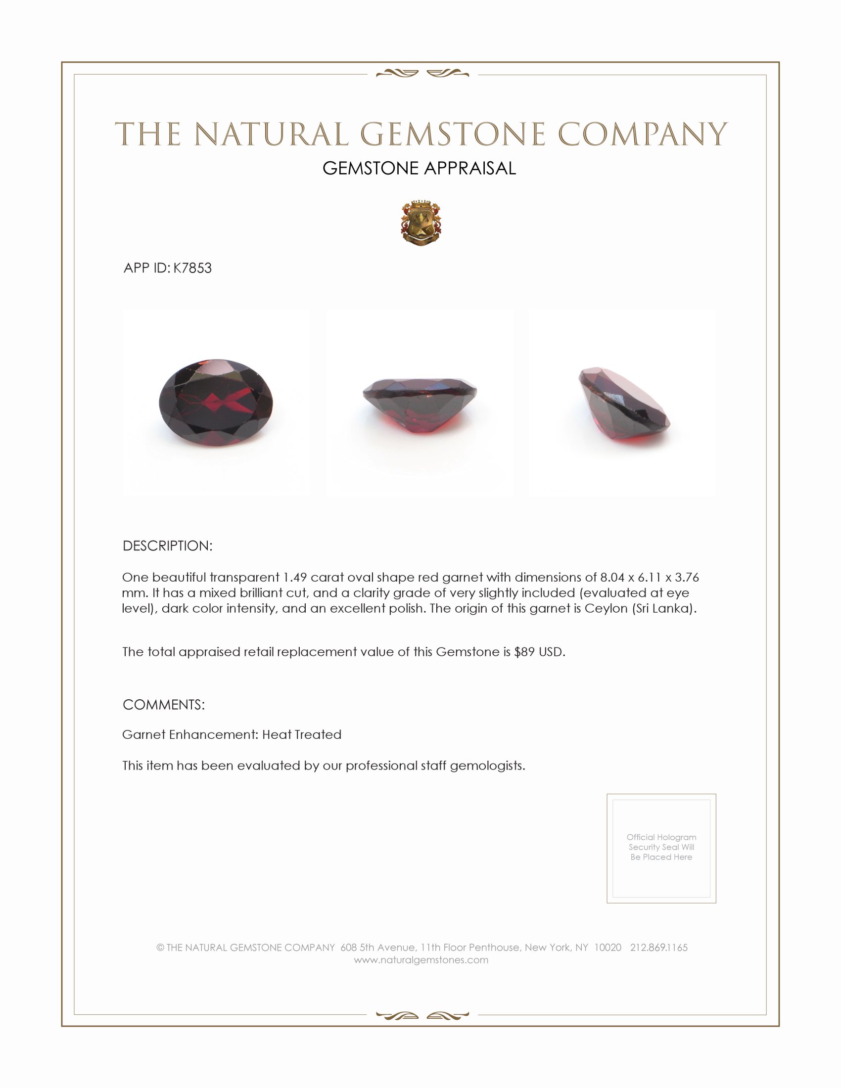 1.49 Ct. Garnet from Ceylon (Sri Lanka)