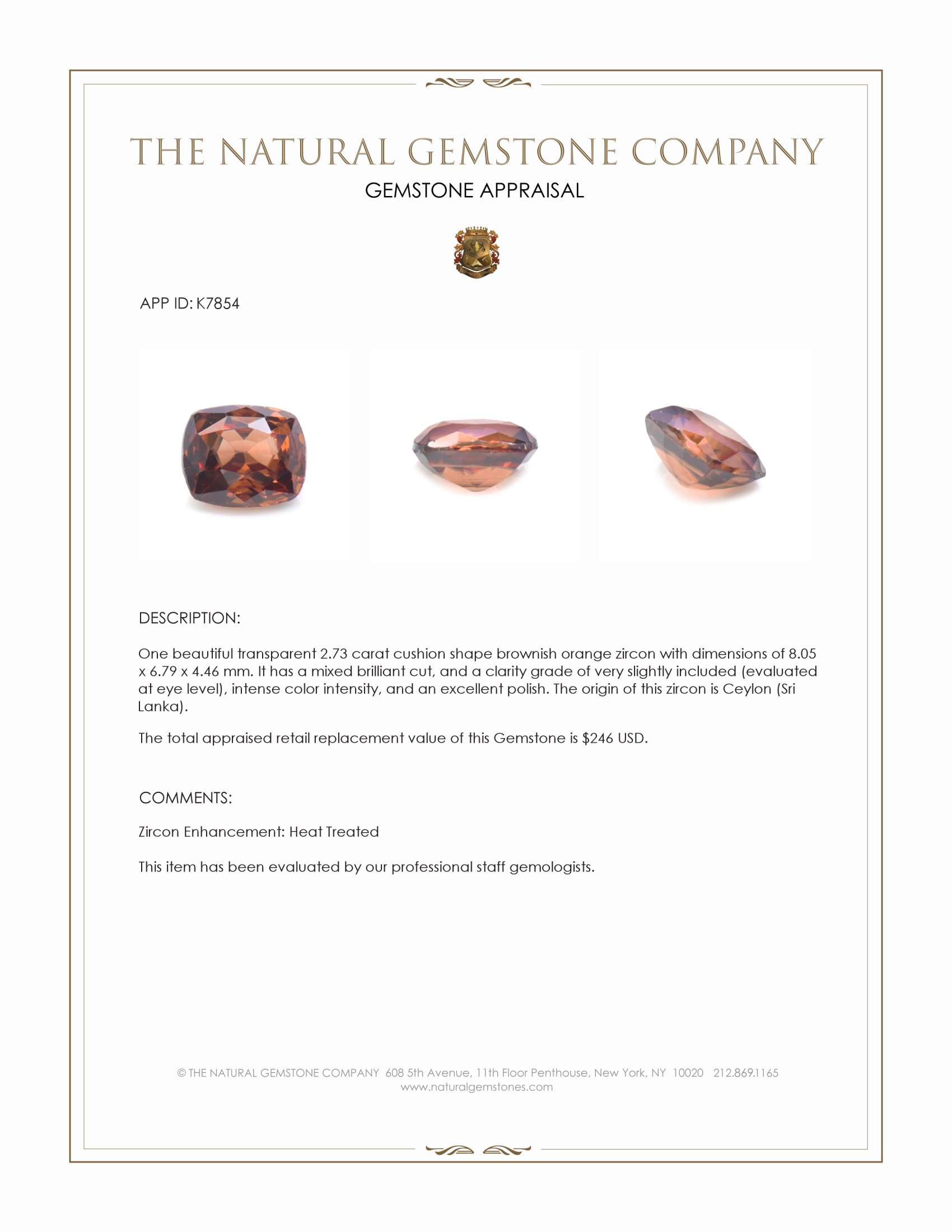 2.73 Ct. Brownish Orange Zircon from Ceylon (Sri Lanka)