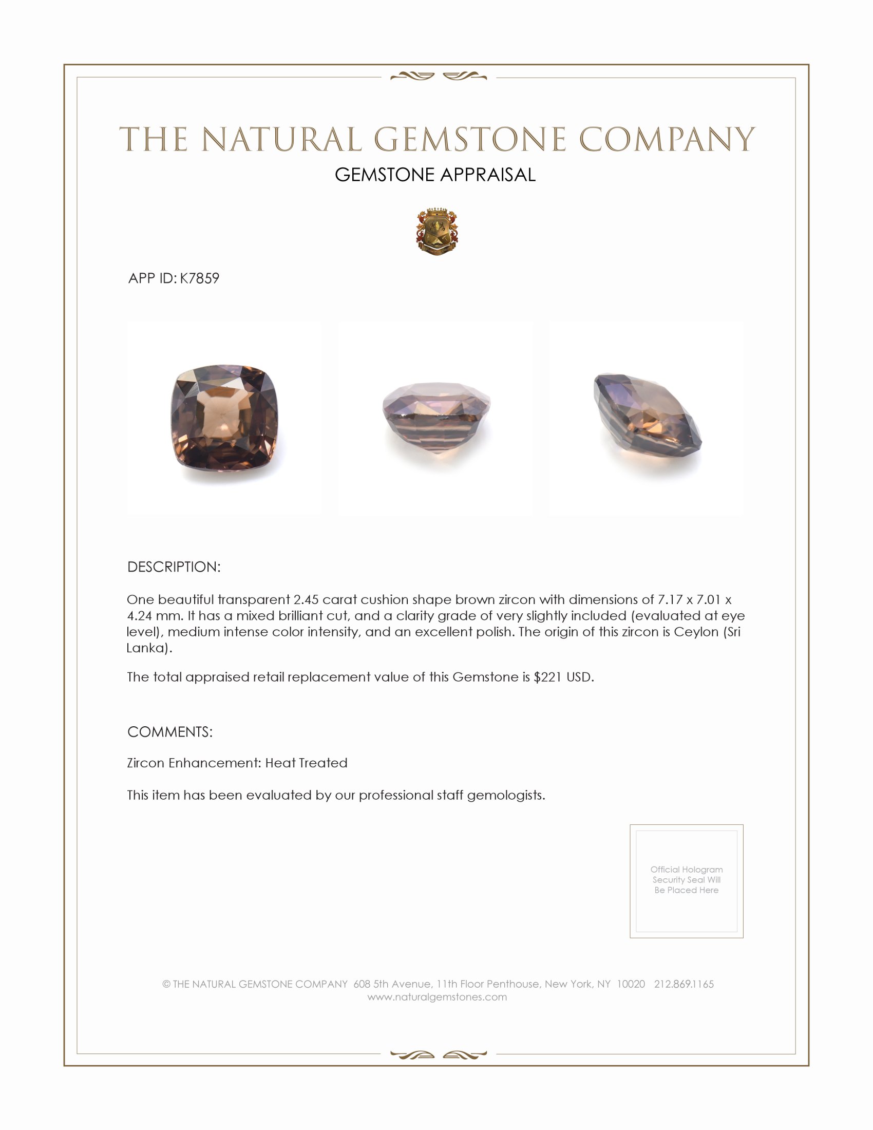 2.45 Ct. Brown Zircon from Ceylon (Sri Lanka)