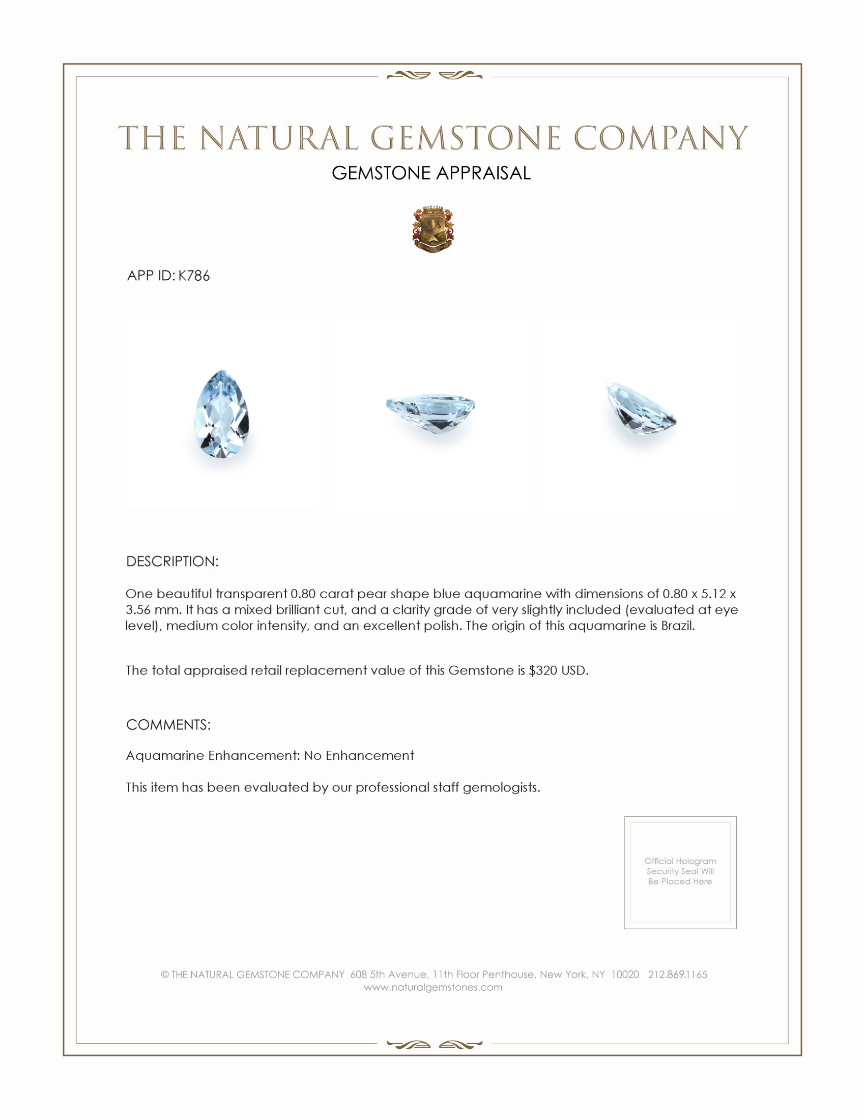 0.80 Ct. Blue Aquamarine from Brazil