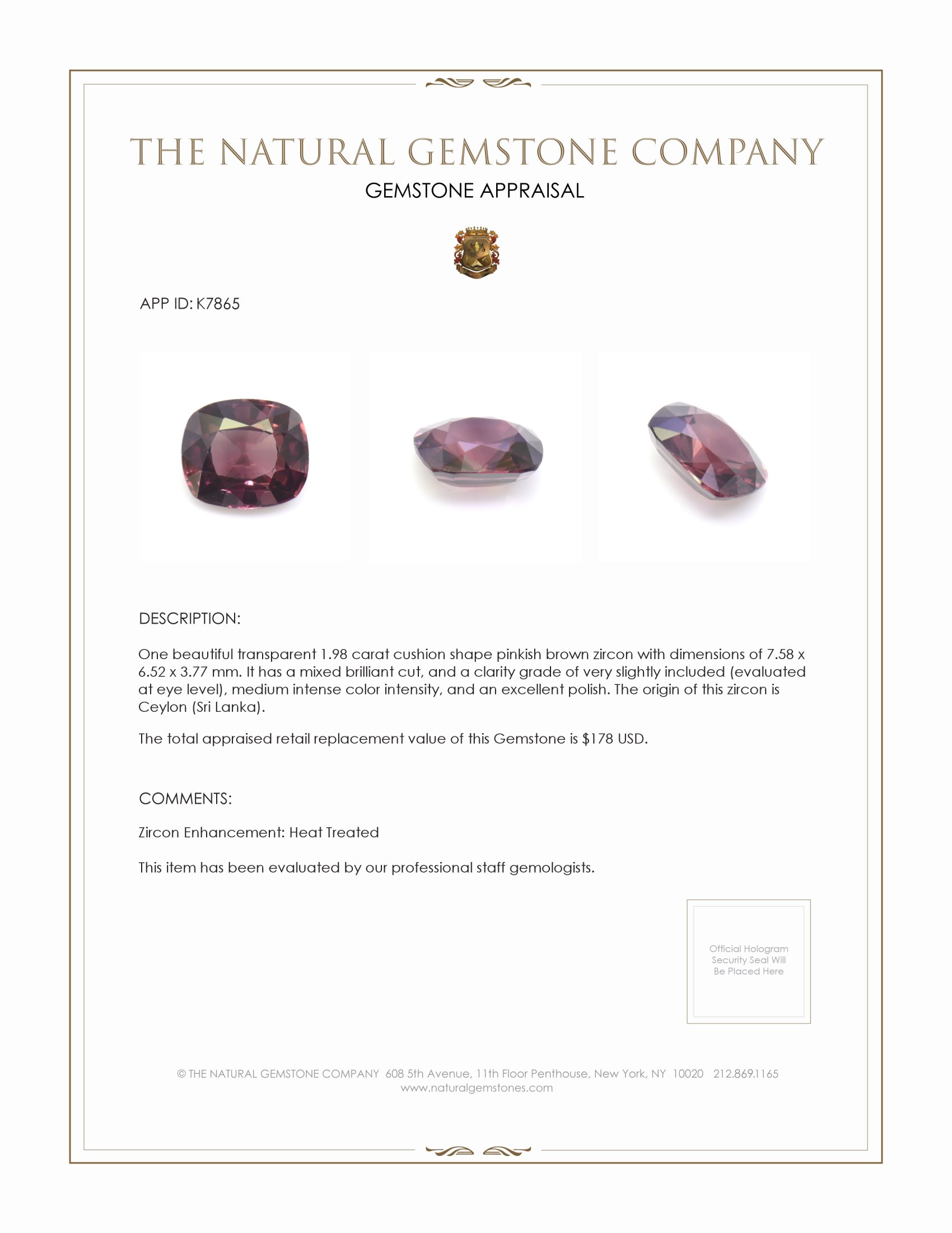1.98 Ct. Pinkish Brown Zircon from Ceylon (Sri Lanka)