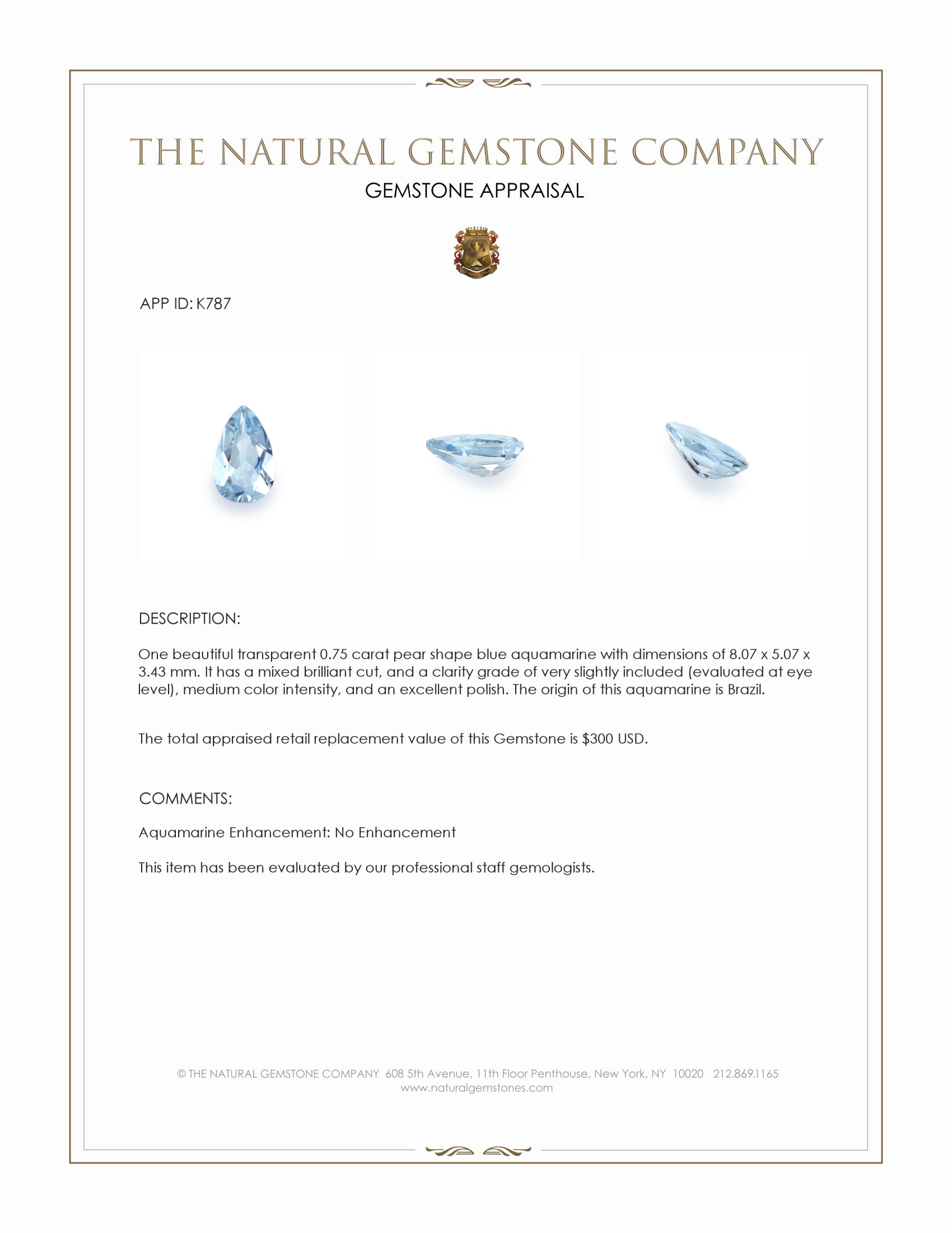 0.75 Ct. Aquamarine from Brazil