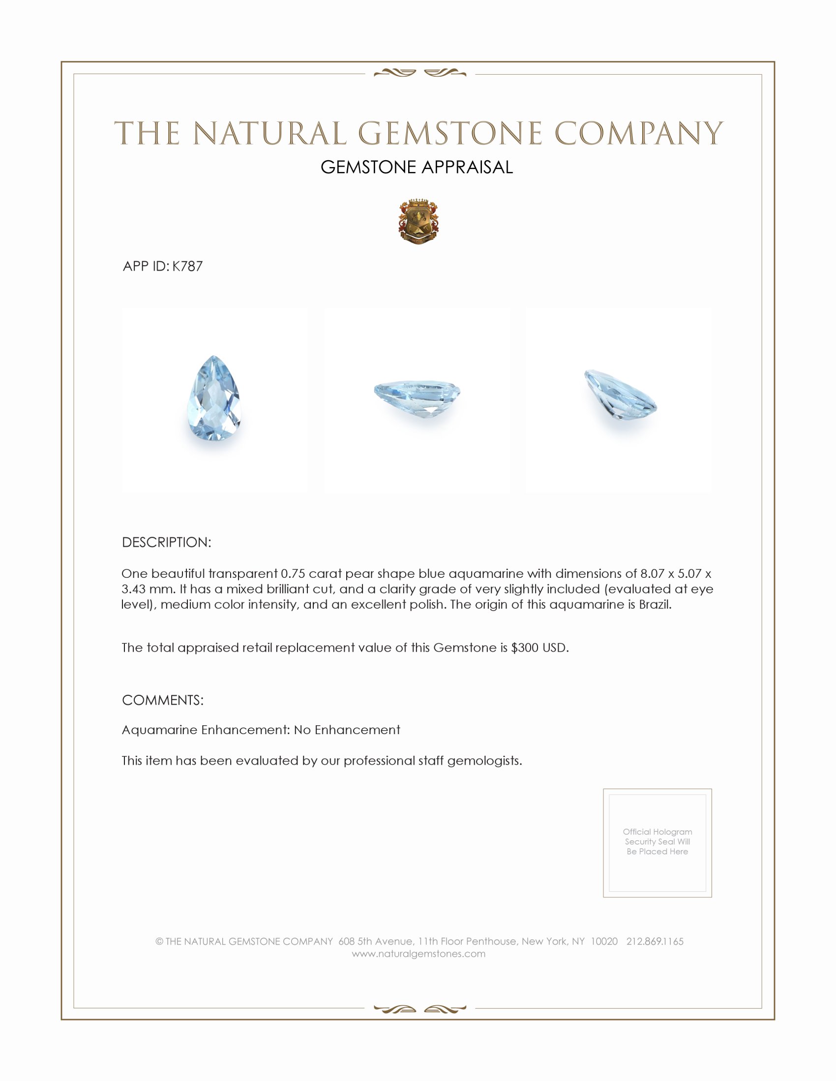 0.75 Ct. Aquamarine from Brazil