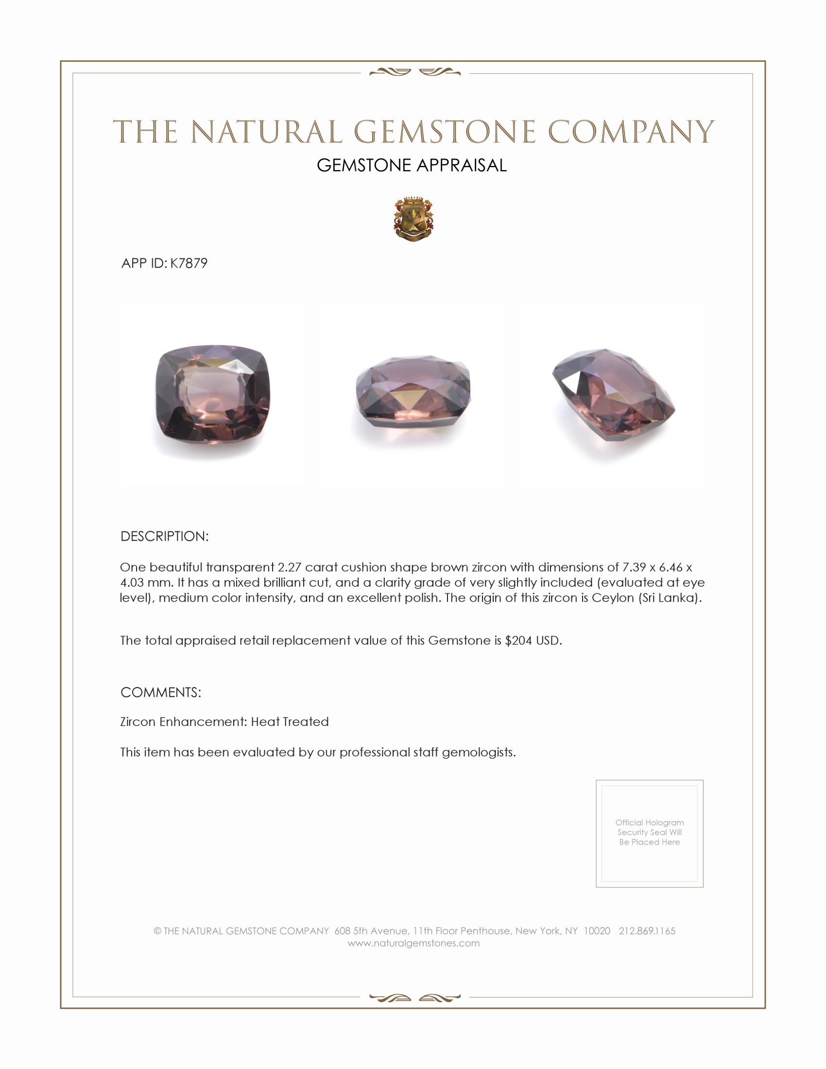 2.27 Ct. Brown Zircon from Ceylon (Sri Lanka)