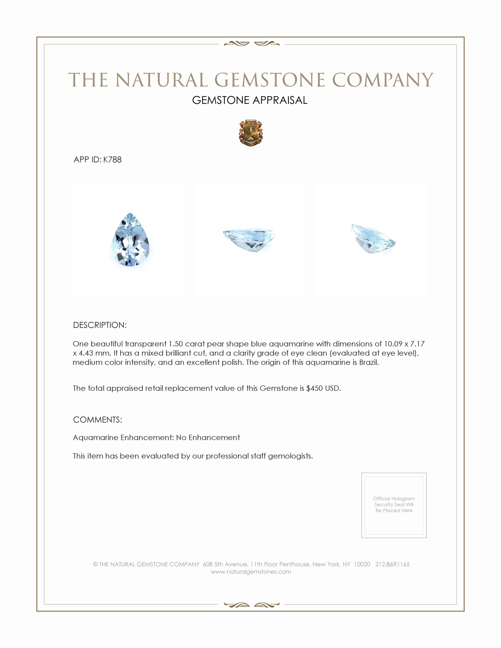 1.50 Ct. Blue Aquamarine from Brazil