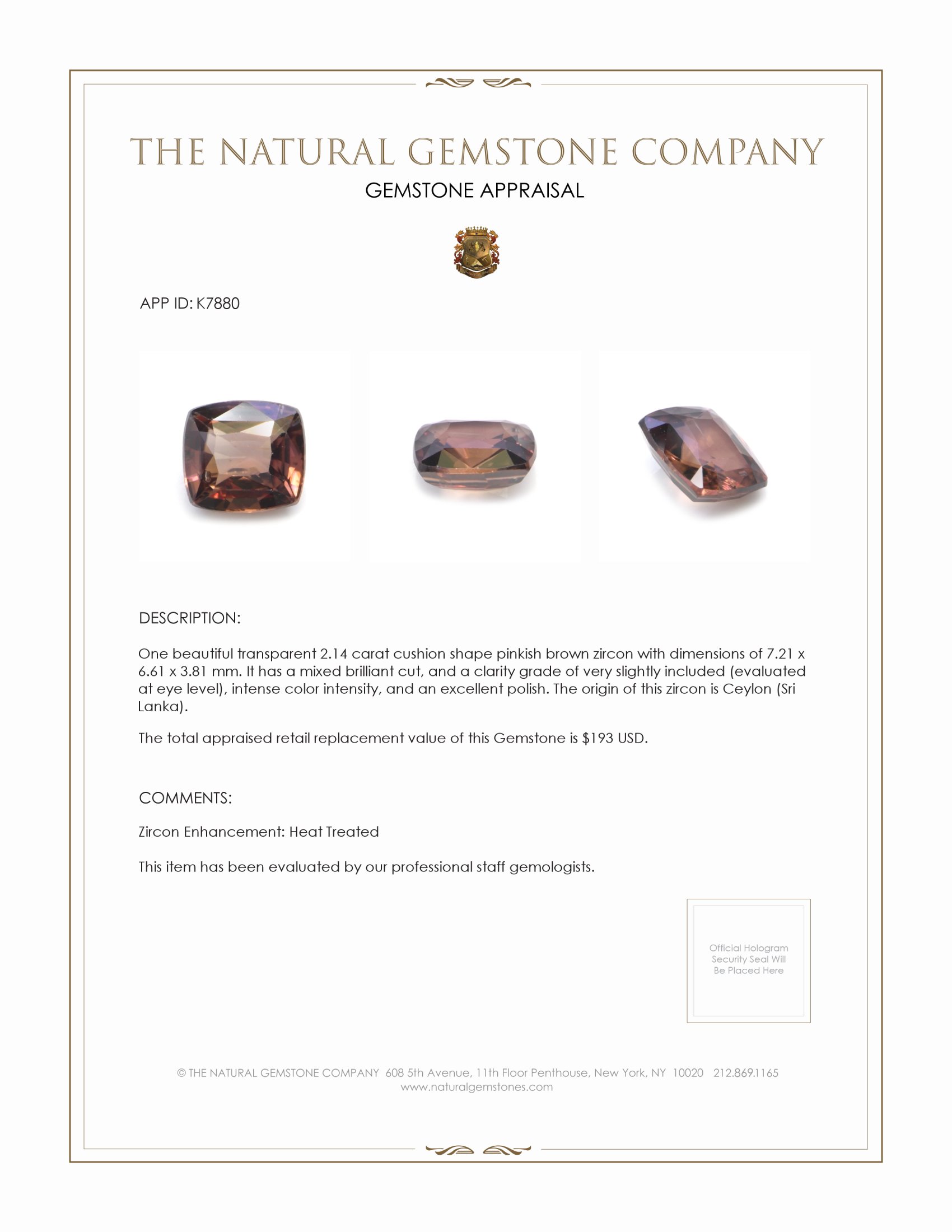 2.14 Ct. Zircon from Ceylon (Sri Lanka)