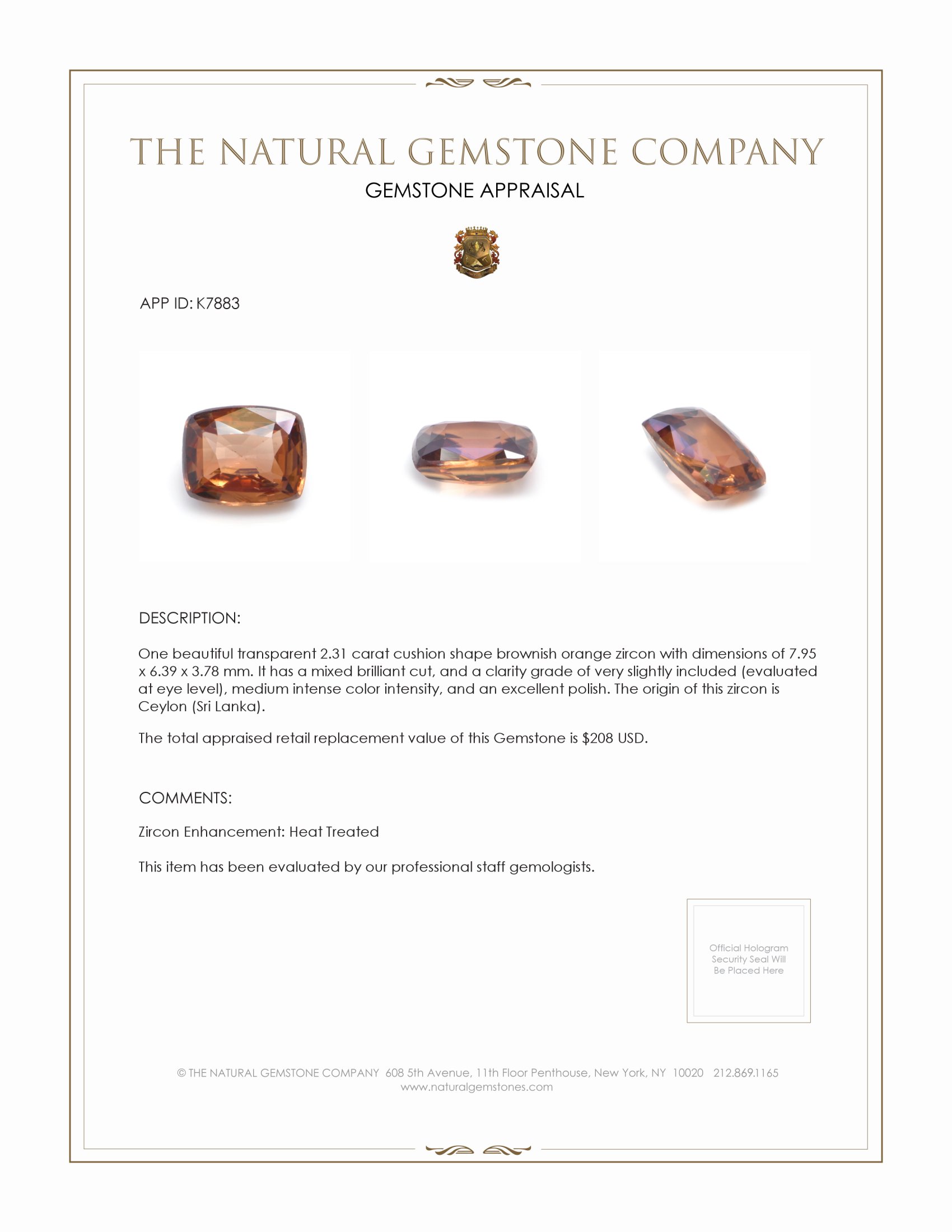 2.31 Ct. Brownish Orange Zircon from Ceylon (Sri Lanka)