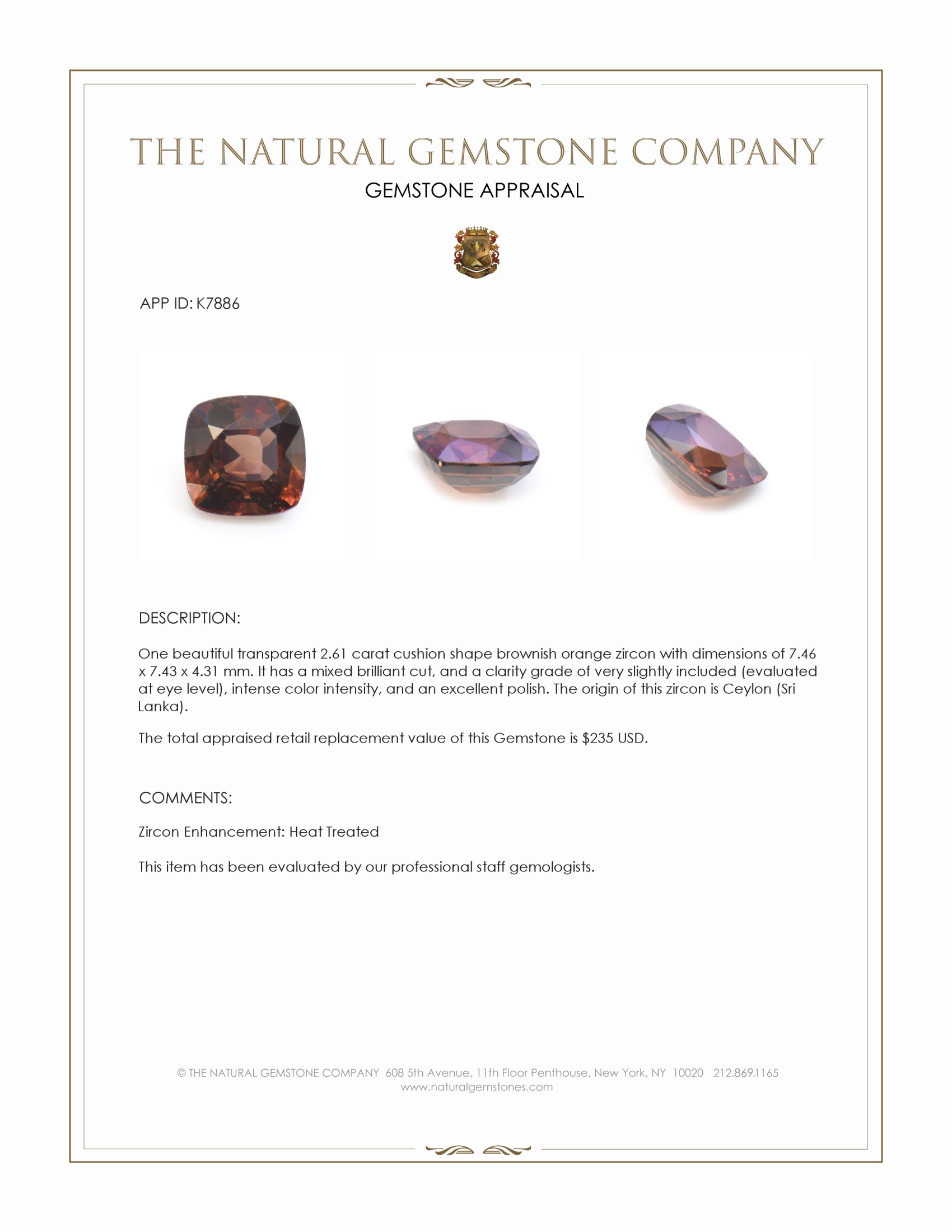 2.61 Ct. Brownish Orange Zircon from Ceylon (Sri Lanka)