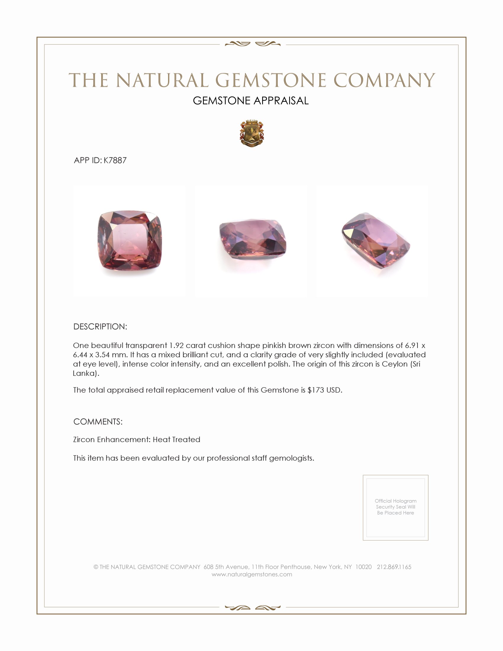 1.92 Ct. Pinkish Brown Zircon from Ceylon (Sri Lanka)